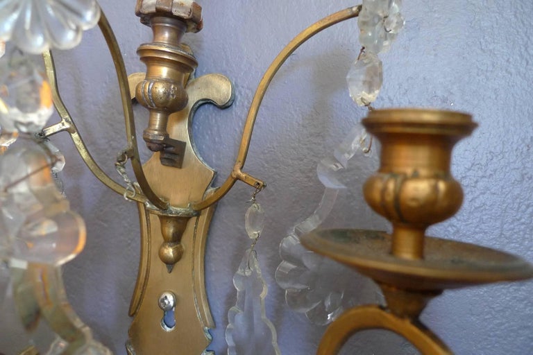 Pair of French 19th Century Polished Bronze and Crystal Sconces For Sale 4