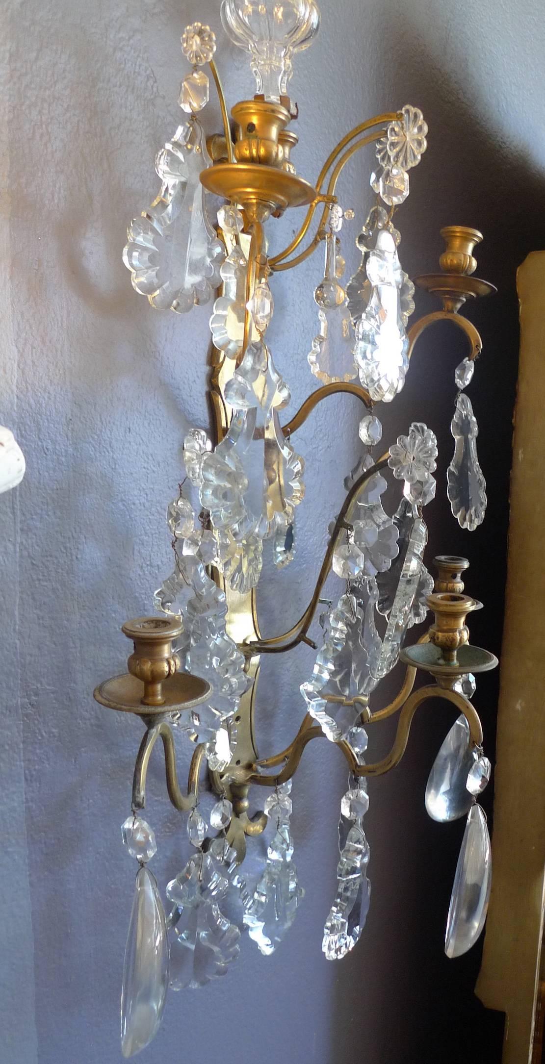 Pair of French 19th Century Polished Bronze and Crystal Sconces 5
