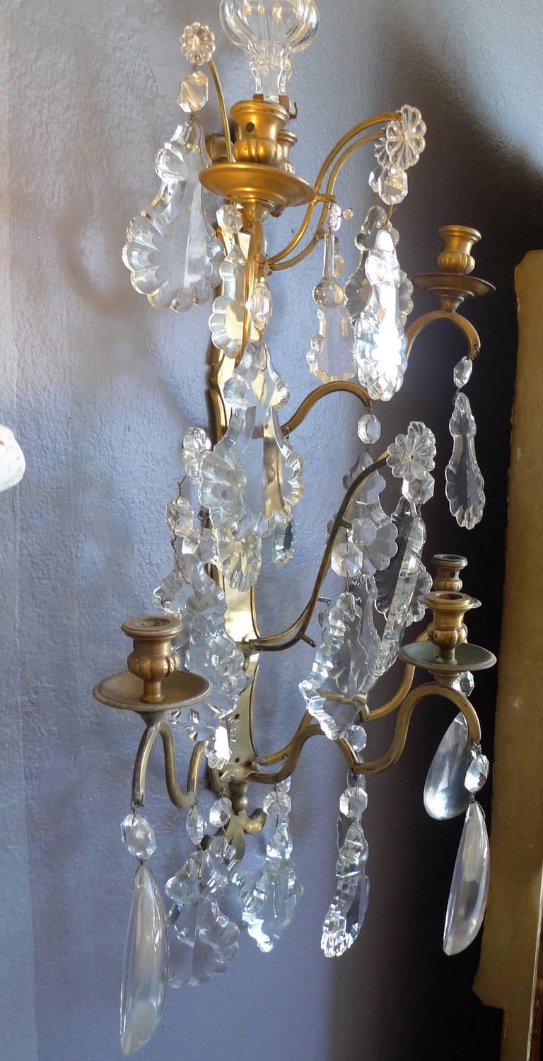 Pair of French 19th Century Polished Bronze and Crystal Sconces For Sale 5
