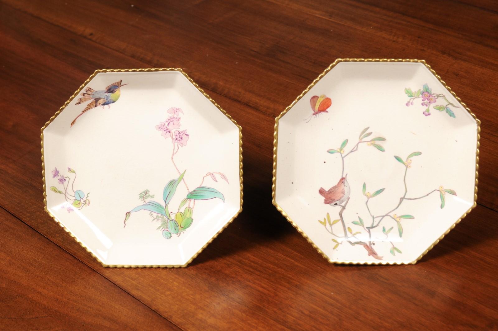 Pair of French 19th Century Porcelain Compotes with Painted Birds and Flowers For Sale 7