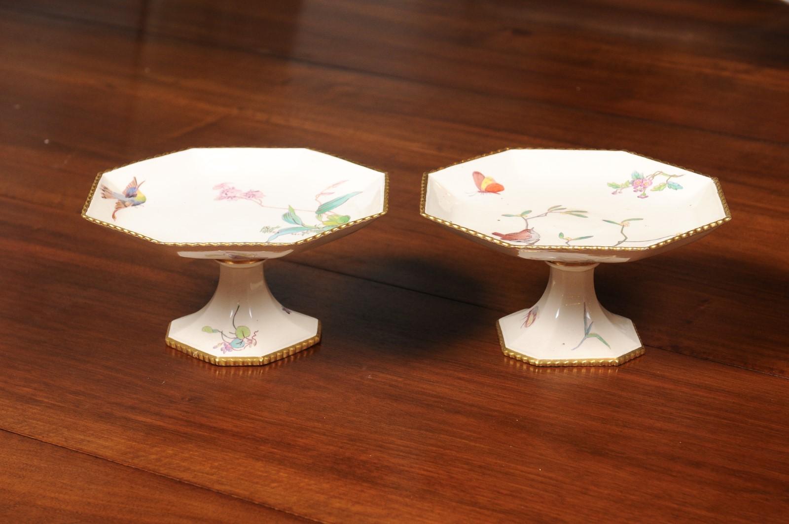 Pair of French 19th Century Porcelain Compotes with Painted Birds and Flowers In Good Condition For Sale In Atlanta, GA