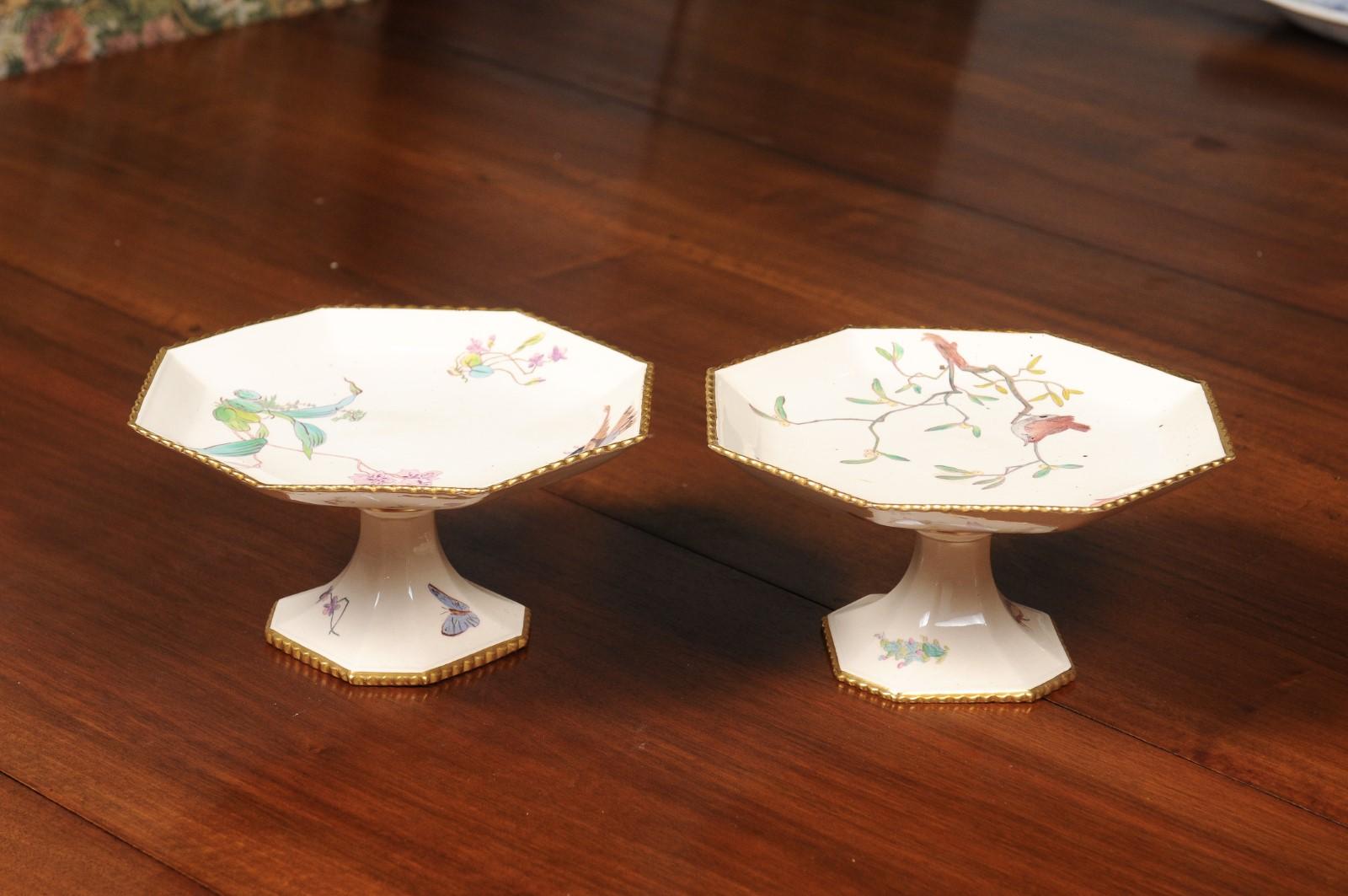 Pair of French 19th Century Porcelain Compotes with Painted Birds and Flowers For Sale 2
