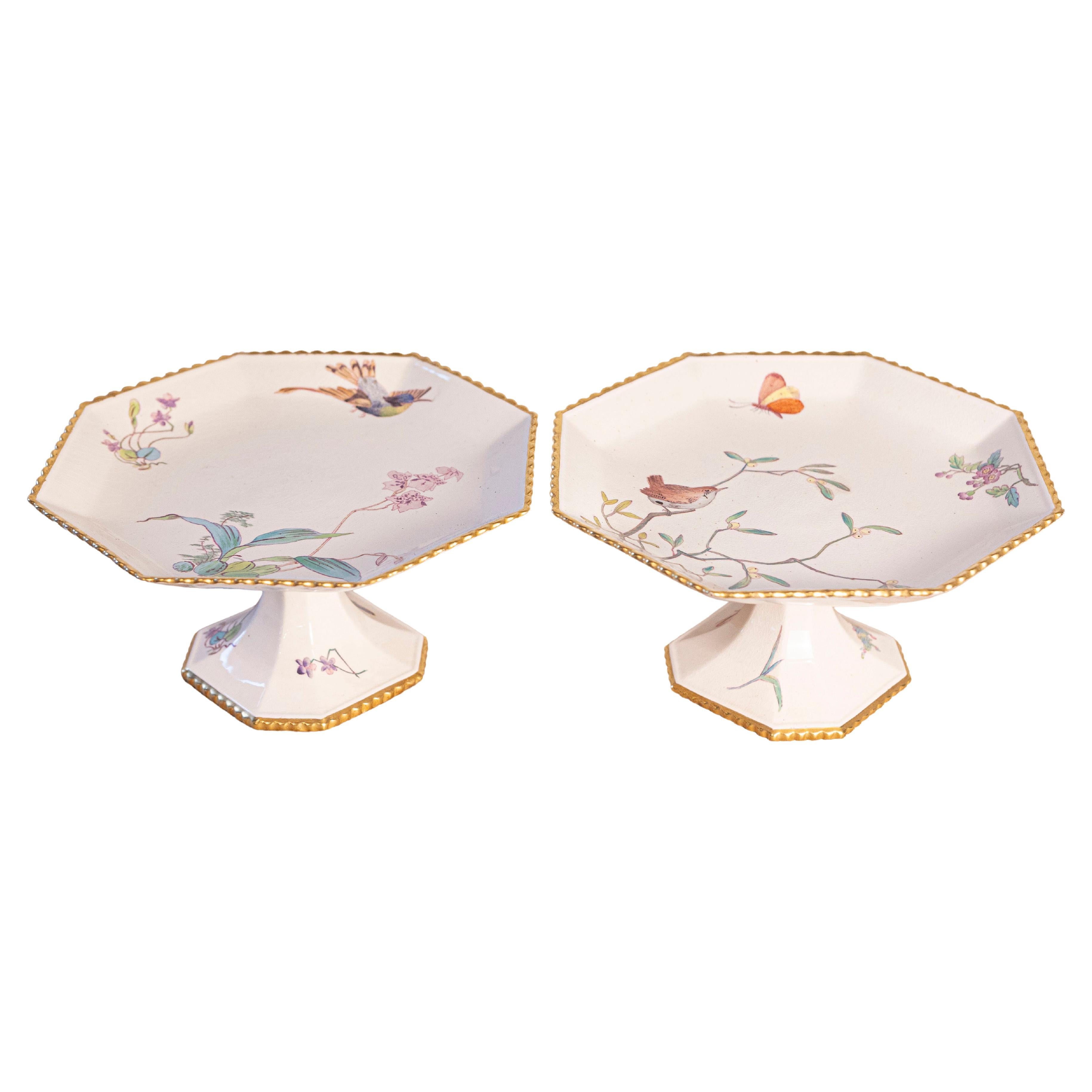 Pair of French 19th Century Porcelain Compotes with Painted Birds and Flowers