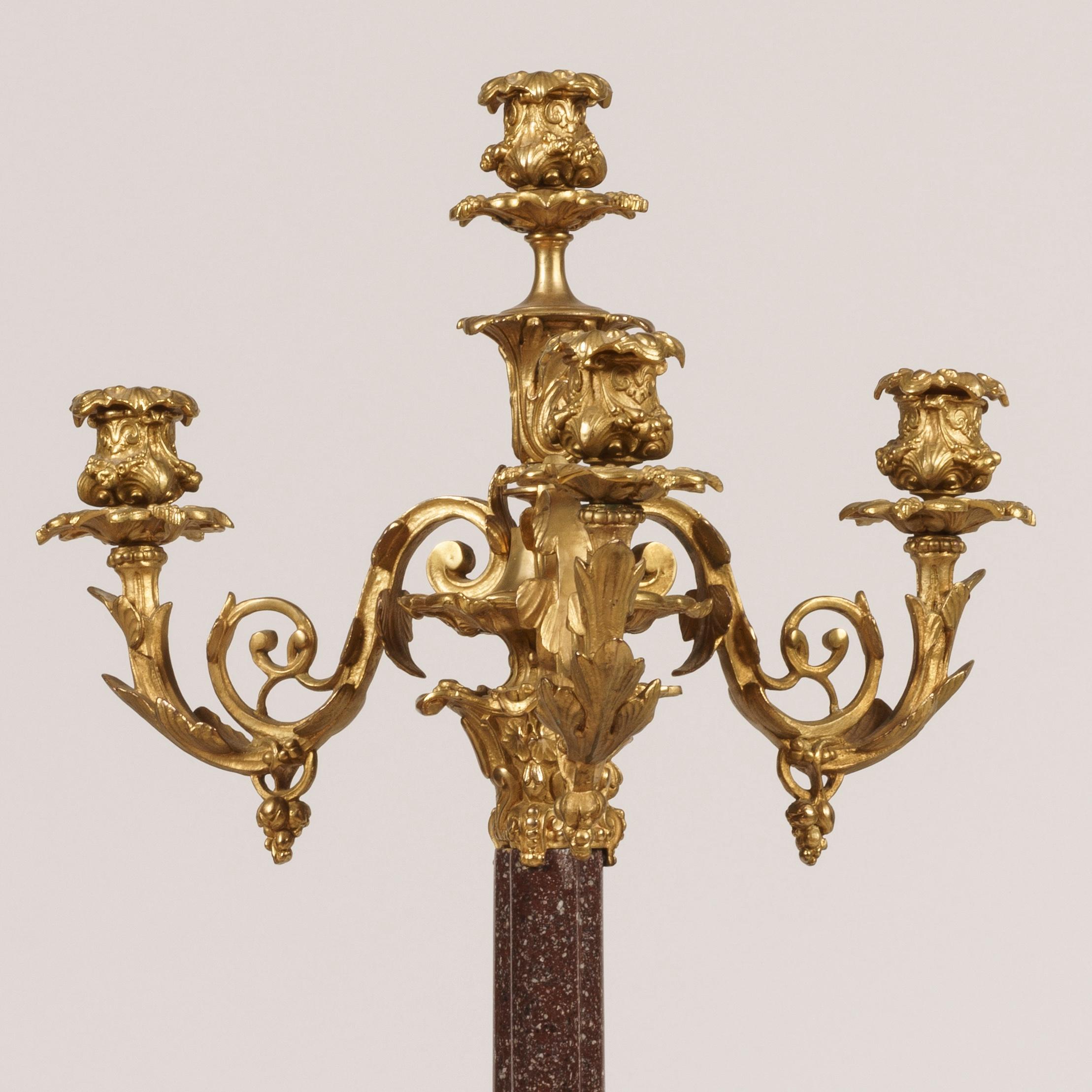 Gilt Pair of French 19th Century Porphyry and Ormolu Candelabra in Louis XVI Manner For Sale