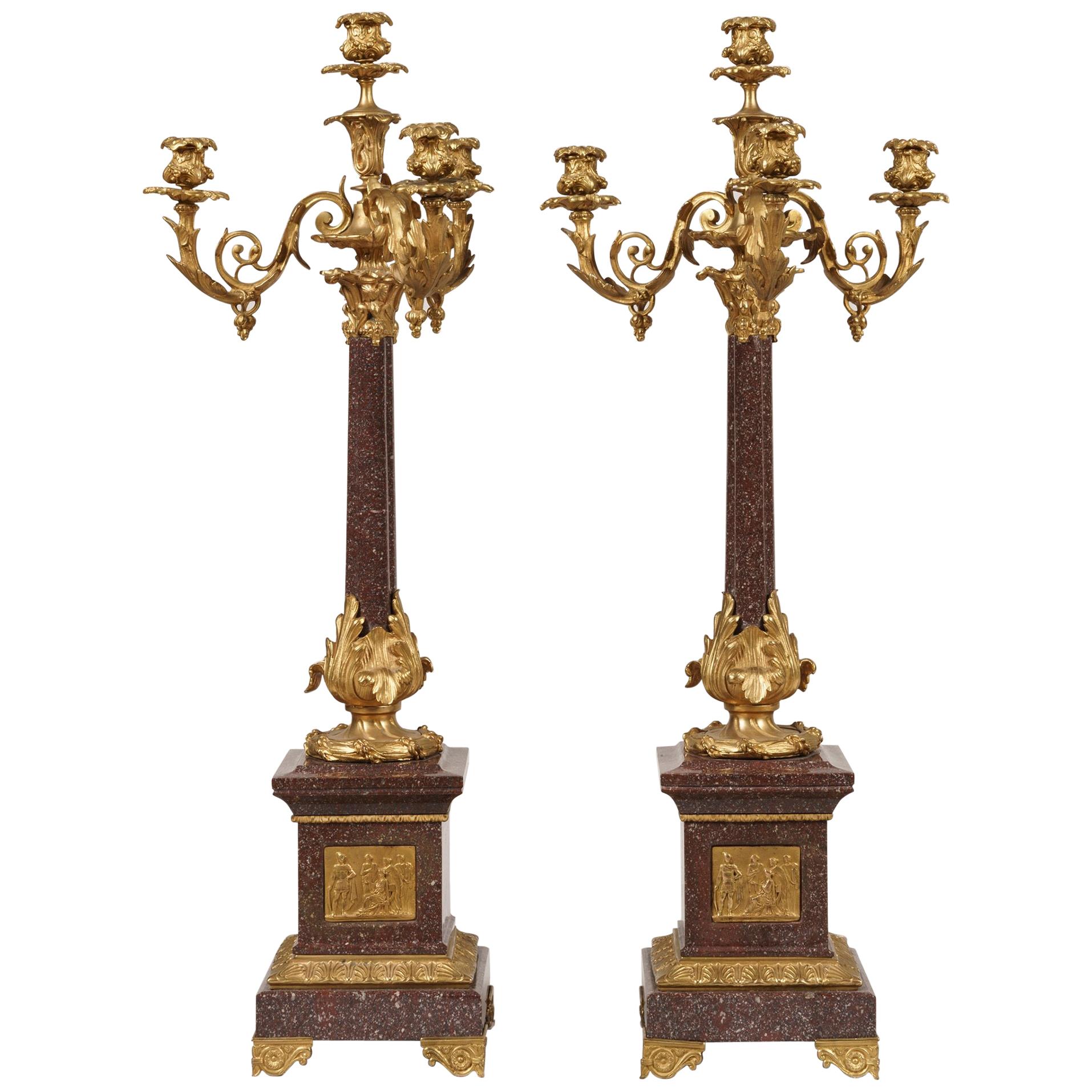 Pair of French 19th Century Porphyry and Ormolu Candelabra in Louis XVI Manner