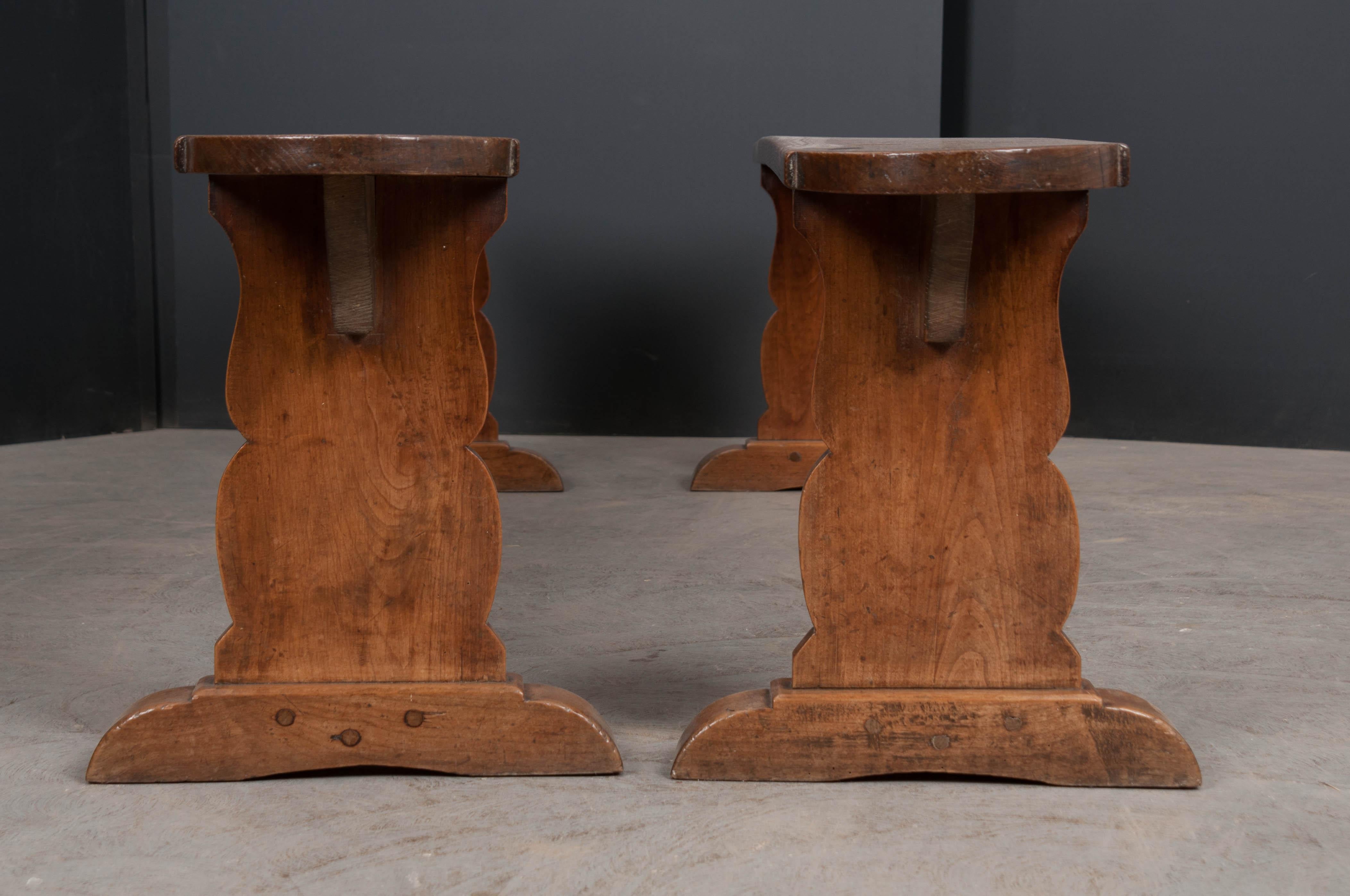 This pair of oak benches, circa 1870s, is from the French countryside and would look great around a farmhouse table! Having a rich, warm patina and constructed with mortise-and-tenon joinery, the single-plank tops, with rounded ends, are supported
