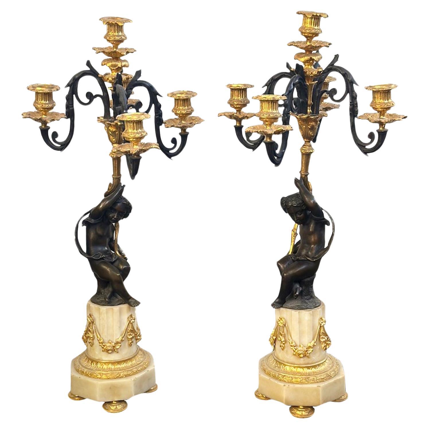 Pair of French 19th Century Putti Candelabras on Marble Base For Sale