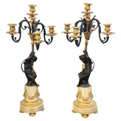 Antique Pair of French 19th Century Putti Candelabras on Marble Base