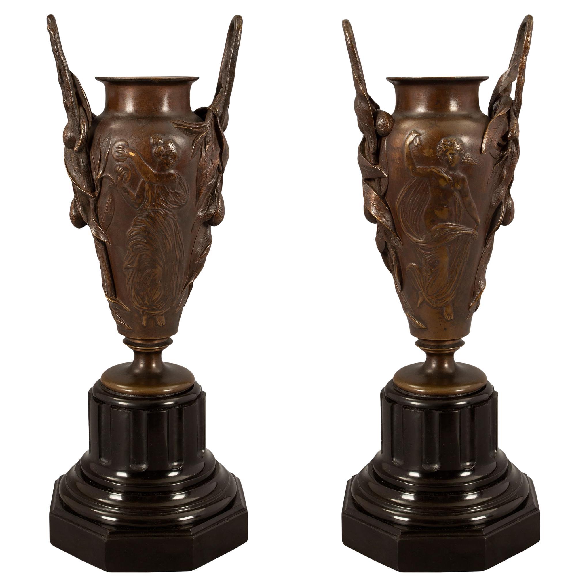 Pair of French 19th Century Renaissance Patinated Bronze and Marble Urns For Sale