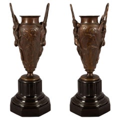 Pair of French 19th Century Renaissance Patinated Bronze and Marble Urns
