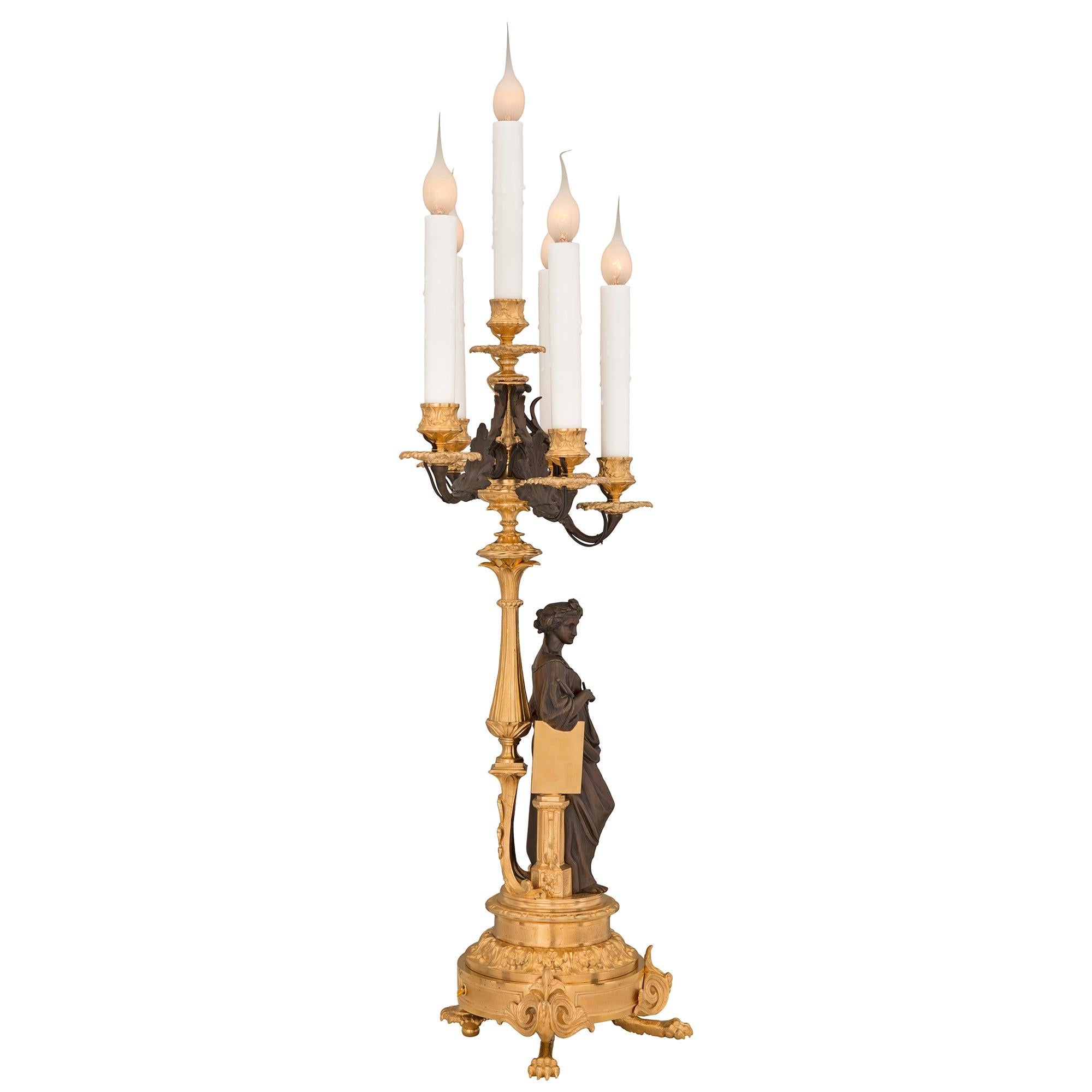 Patinated Pair of French 19th Century Renaissance St. Bronze and Ormolu Candelabra Lamps For Sale