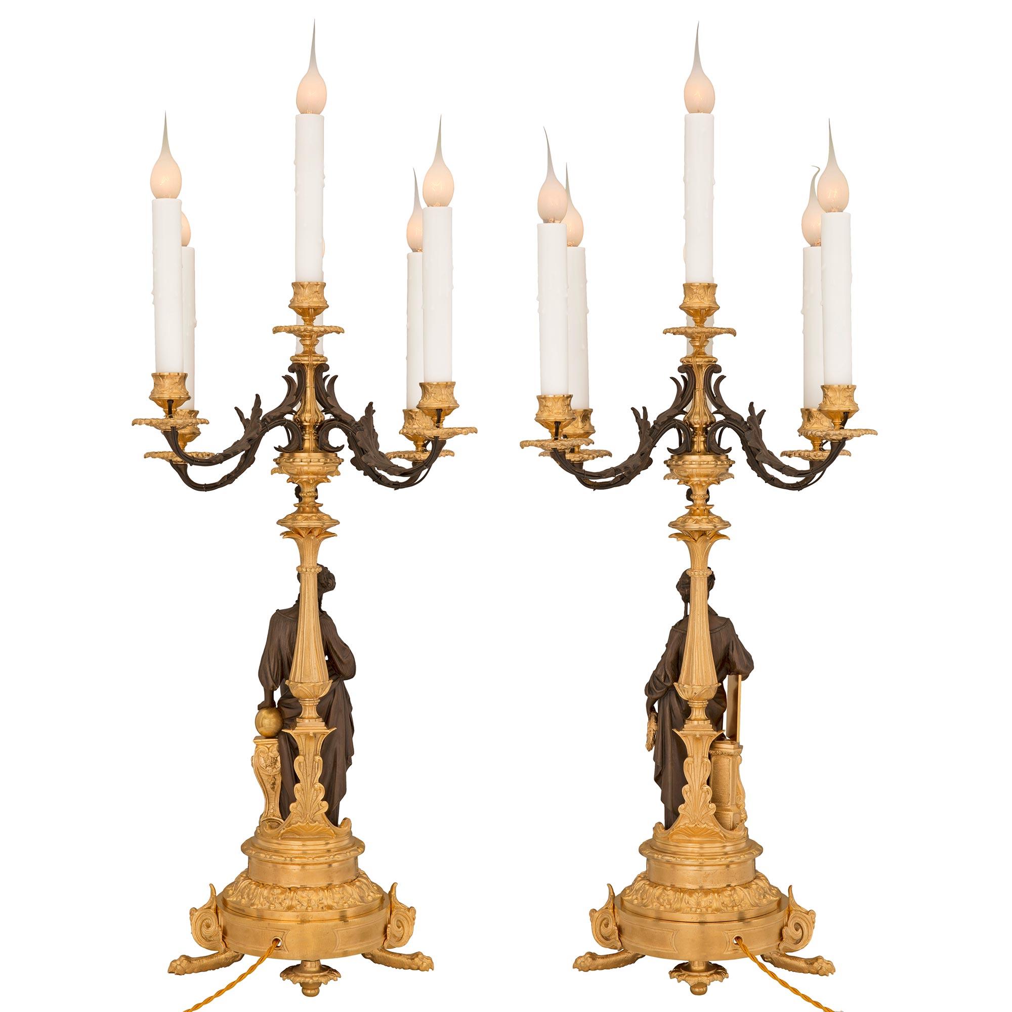 Pair of French 19th Century Renaissance St. Bronze and Ormolu Candelabra Lamps In Good Condition For Sale In West Palm Beach, FL