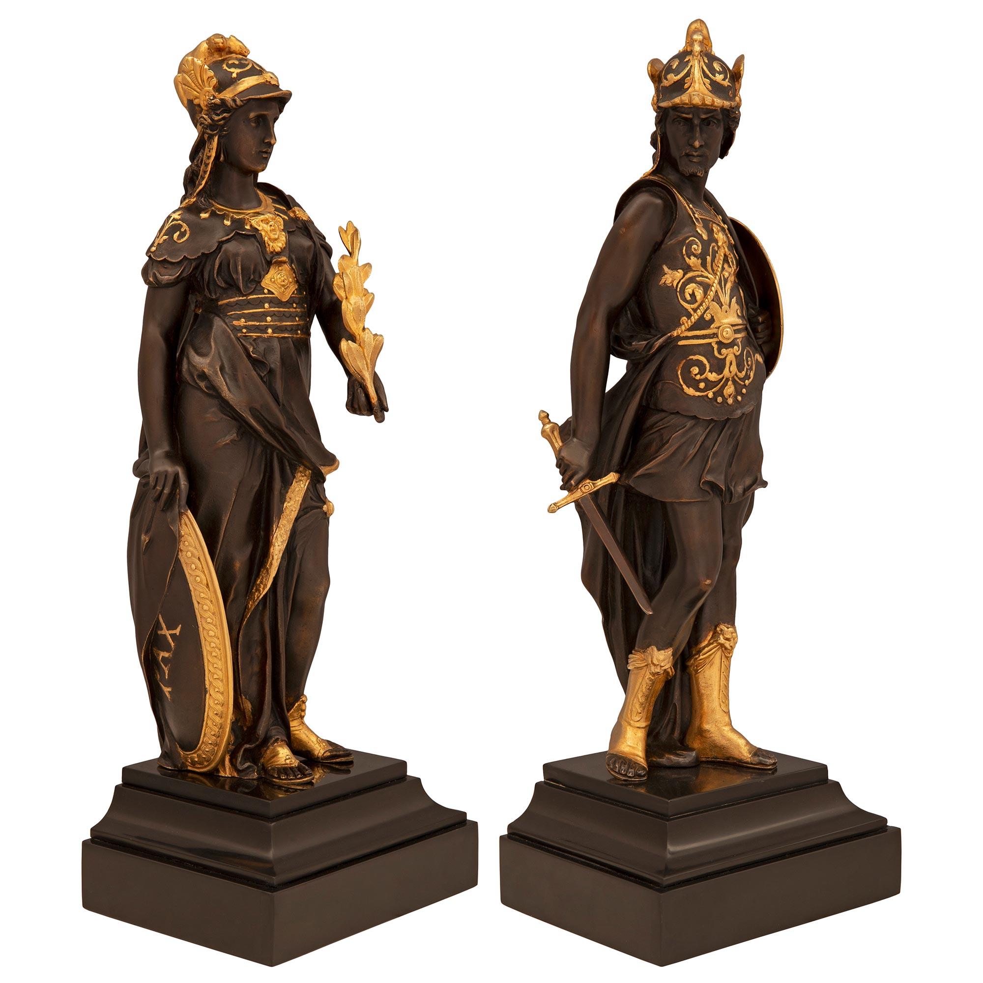 A striking and high quality true pair of French 19th century Renaissance st. patinated bronze, ormolu, and black Belgian marble statues of Hermes and Minerva. Each statue is raised by impressive square black Belgian marble bases with an elegant