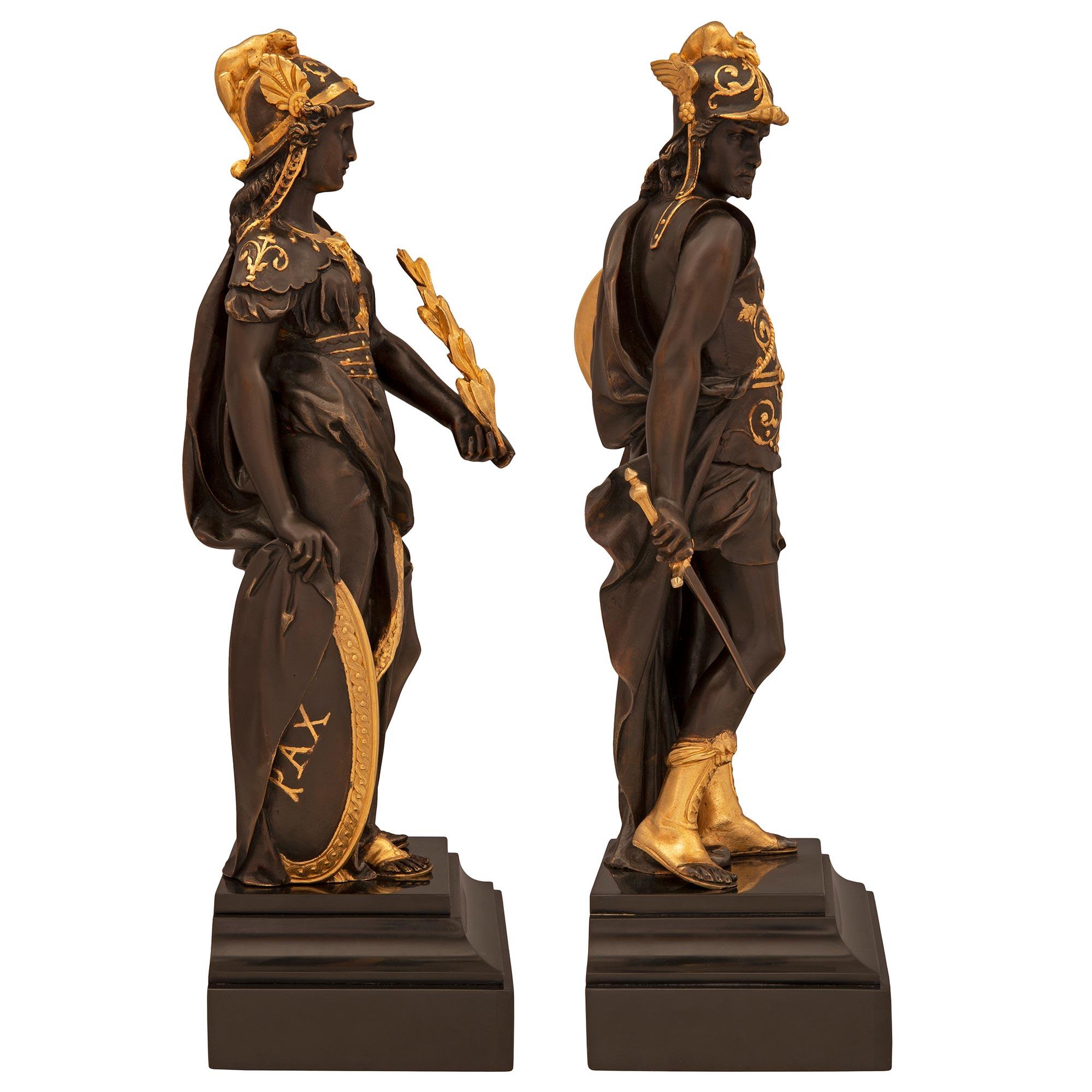 Patinated Pair of French 19th Century Renaissance St. Bronze, Marble, and Ormolu Statues For Sale