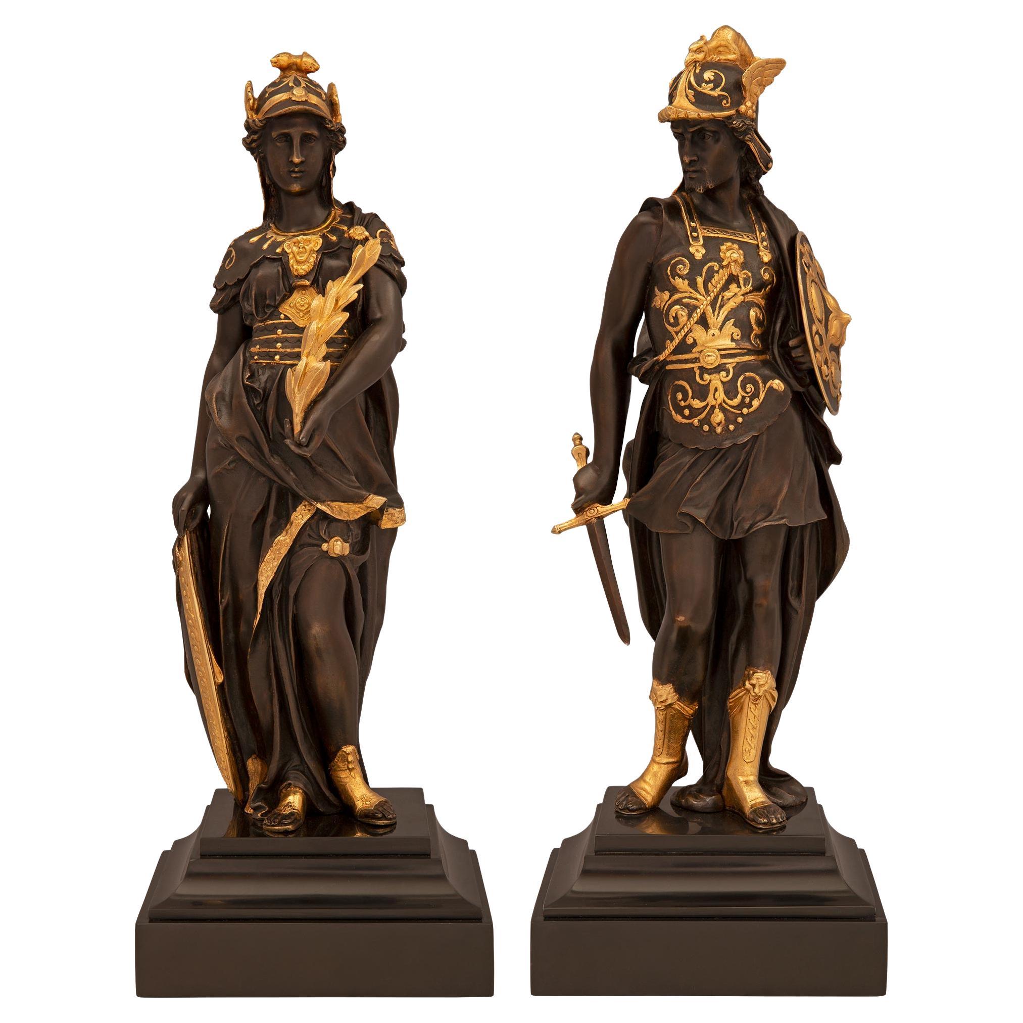 Pair of French 19th Century Renaissance St. Bronze, Marble, and Ormolu Statues For Sale
