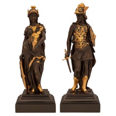 Paar französische Renaissance-Statuen aus Bronze, Marmor und Goldbronze des 19. Jahrhunderts