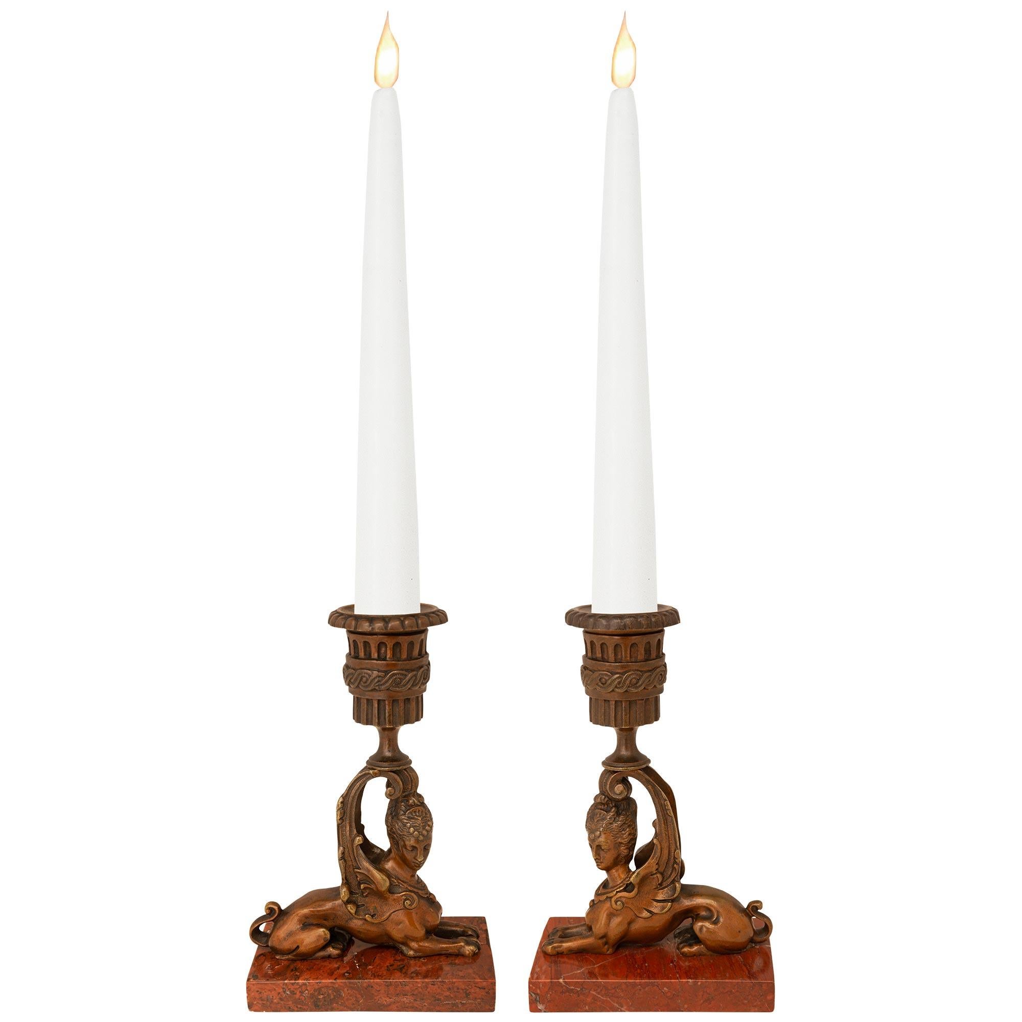 Pair Of French 19th Century Renaissance St. Bronze & Marble Sphinx Candlesticks For Sale 5