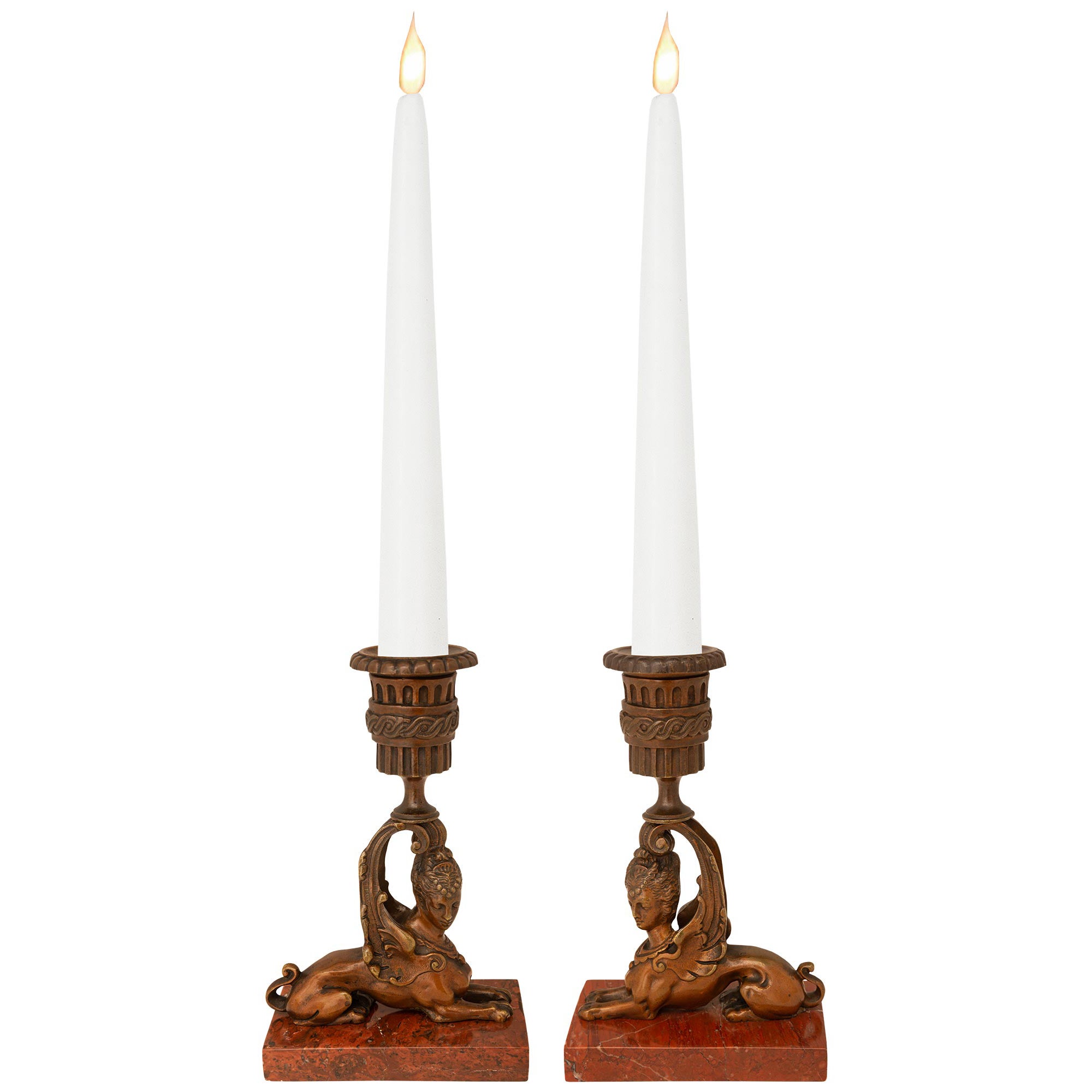 Paire de chandeliers Sphinx en bronze et marbre de la Renaissance française du 19e siècle