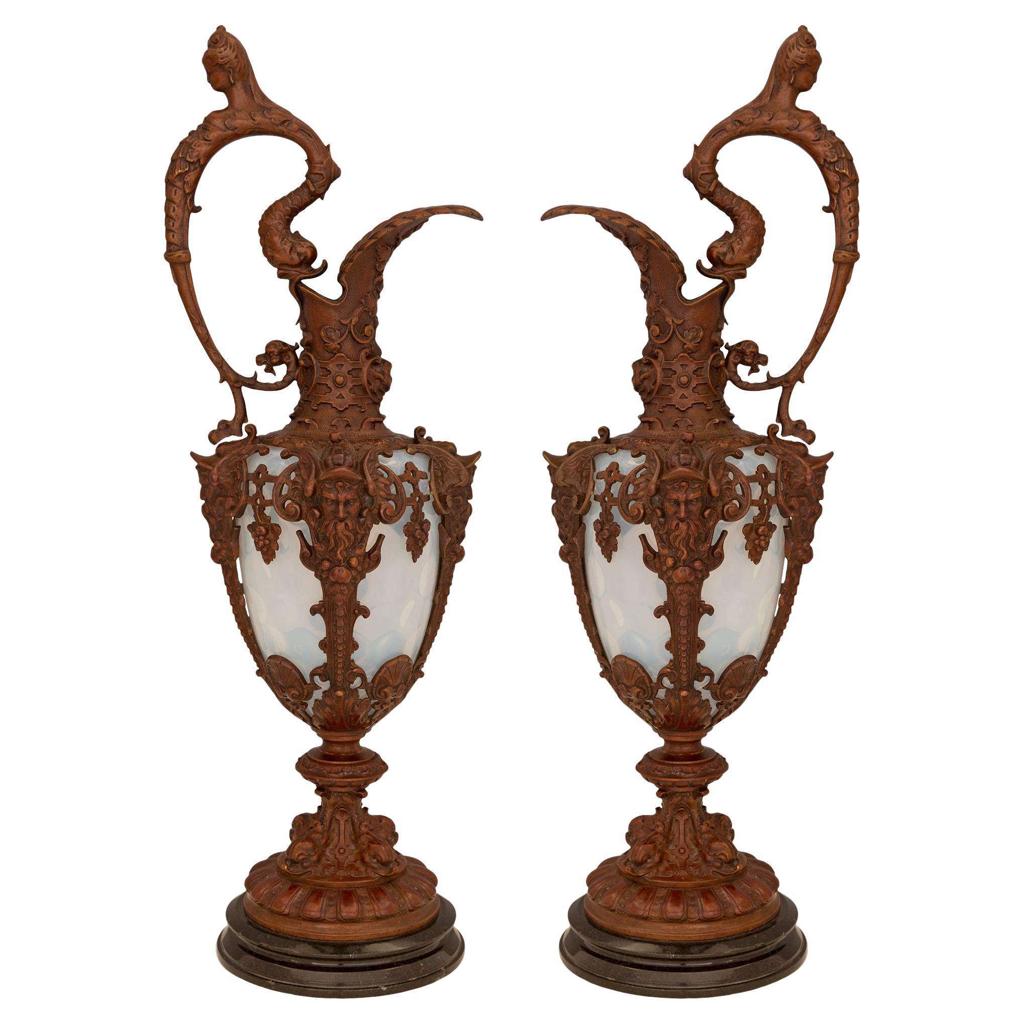 Pair of French 19th Century Renaissance St. Bronze, Opaline, and Marble Ewers