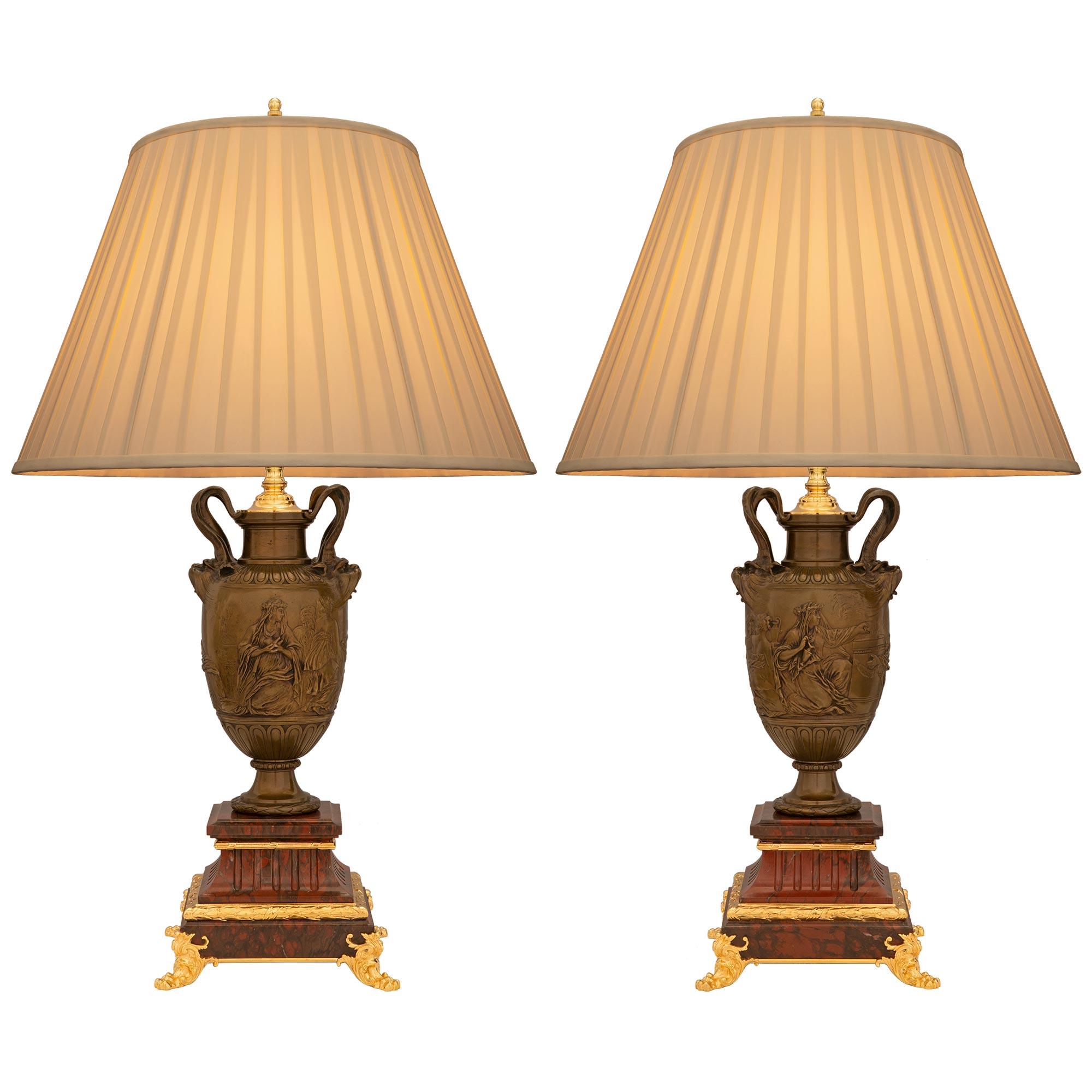 Pair of French 19th Century Renaissance St. Bronze, Ormolu and Marble Lamps For Sale 9