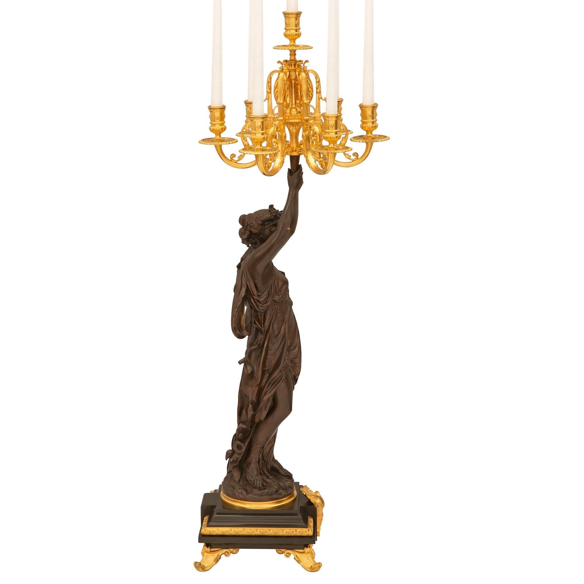 Patinated Pair of French 19th Century Renaissance St. Bronze, Ormolu, & Marble Candelbras For Sale