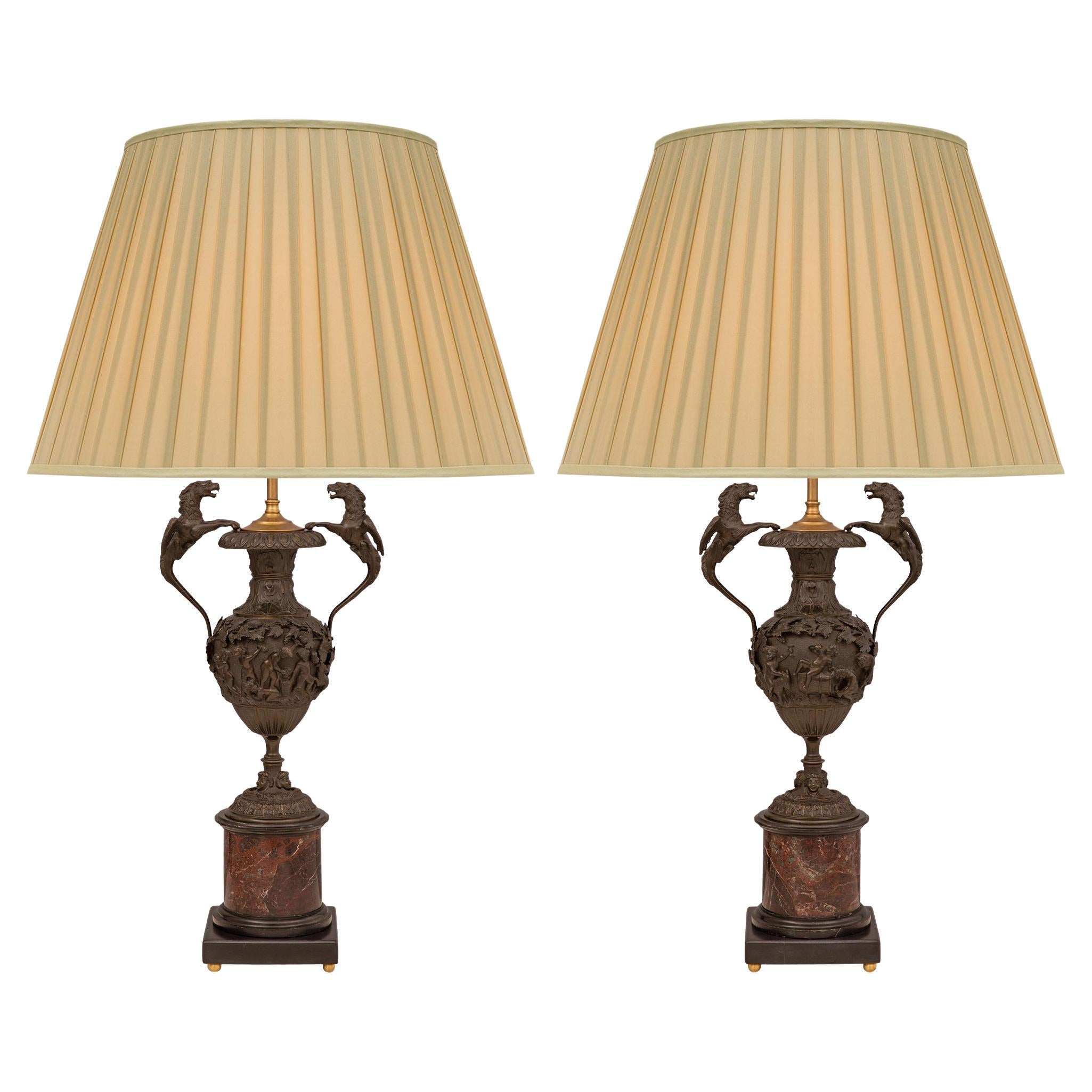 Pair of French 19th Century Renaissance St. Bronze Urns Mounted into Lamps For Sale