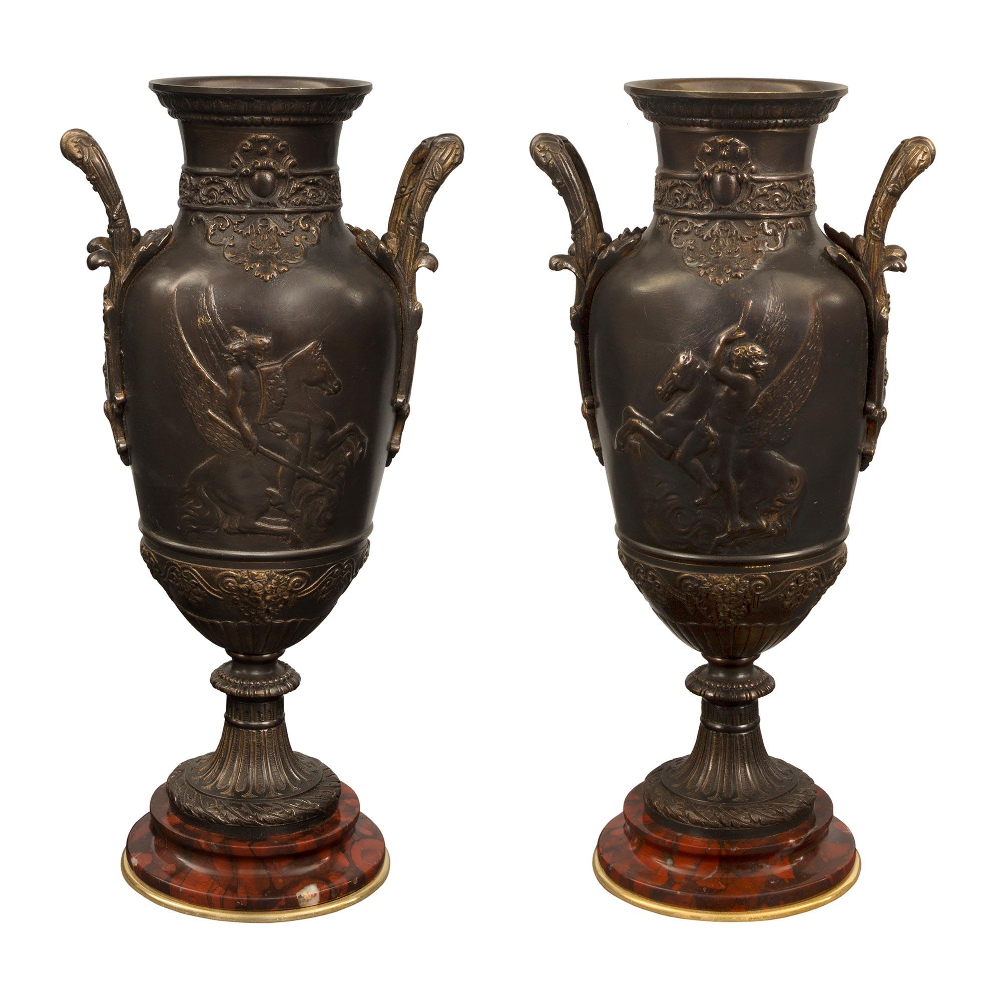 Pair of French 19th Century Renaissance St. Bronze Urns, Signed Leon Boucher For Sale