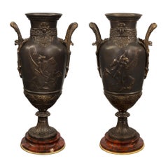 Pair of French 19th Century Renaissance St. Bronze Urns, Signed Leon Boucher