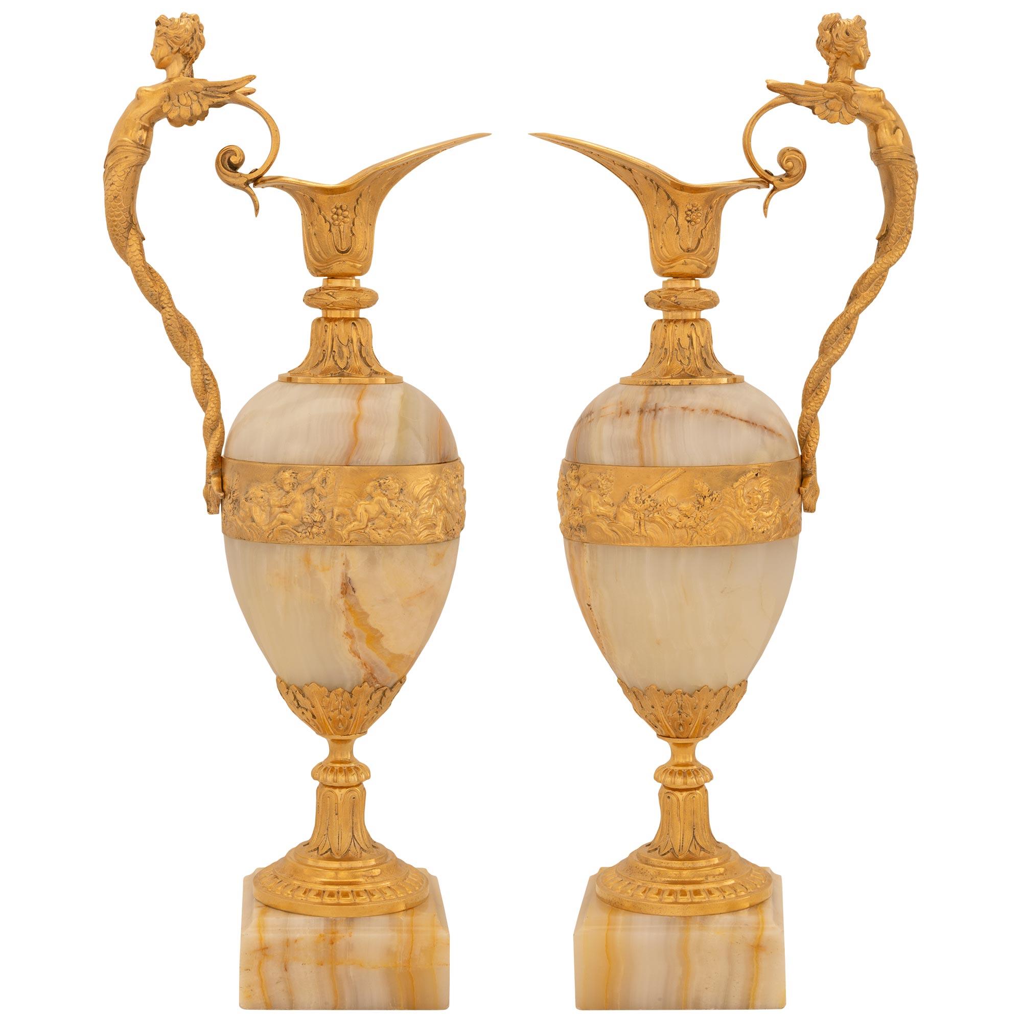 Pair Of French 19th Century Renaissance St. Onyx And Ormolu Urns/Ewers For Sale 7