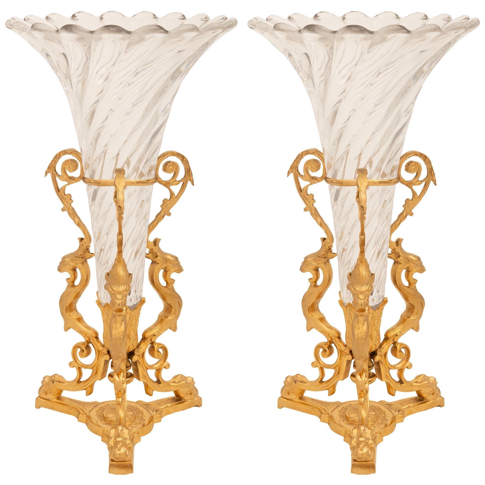 Pair Of French 19th Century Renaissance St. Ormolu And Crystal Vases For Sale 5