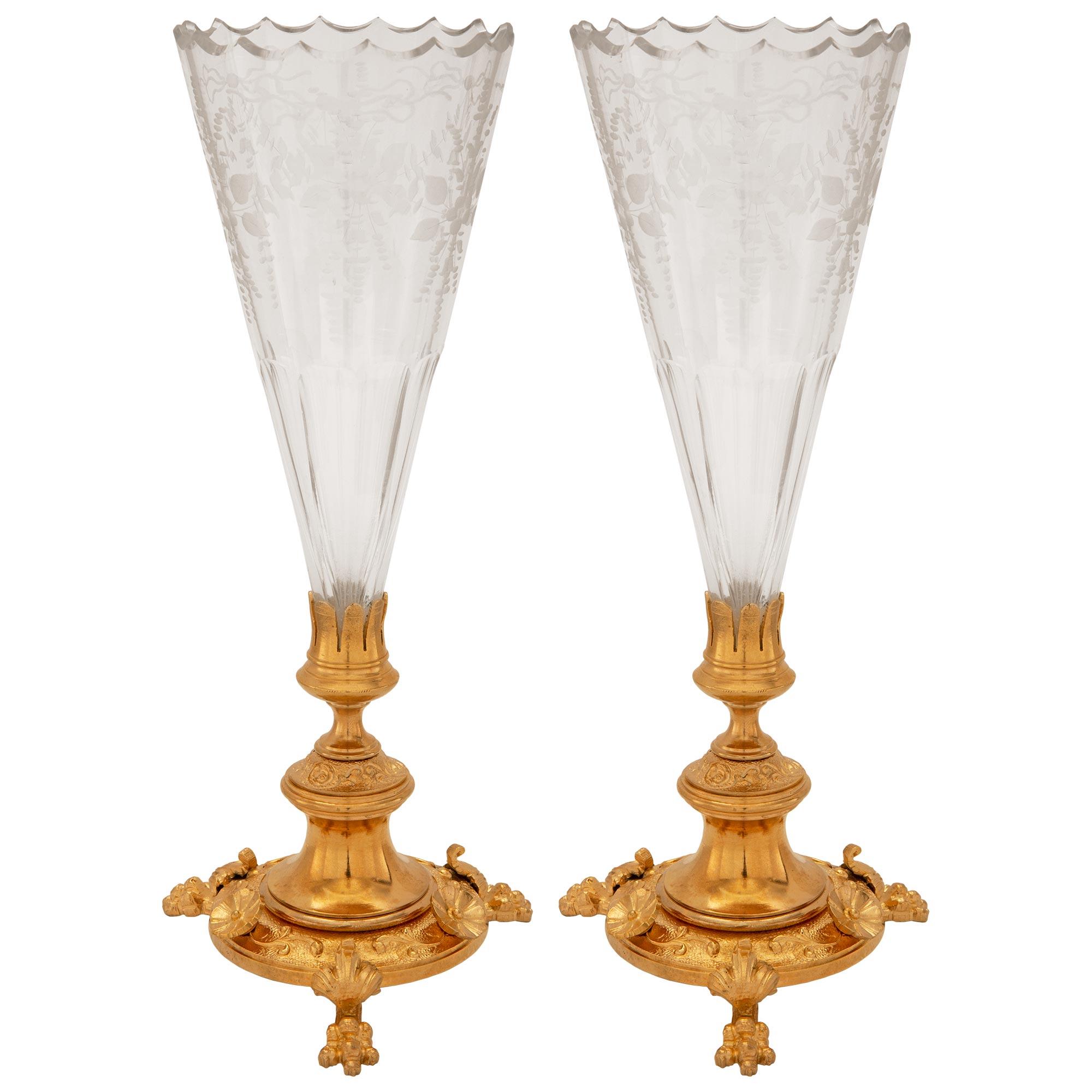 Pair of French 19th Century Renaissance St. Ormolu and Etched Glass Vases For Sale 4