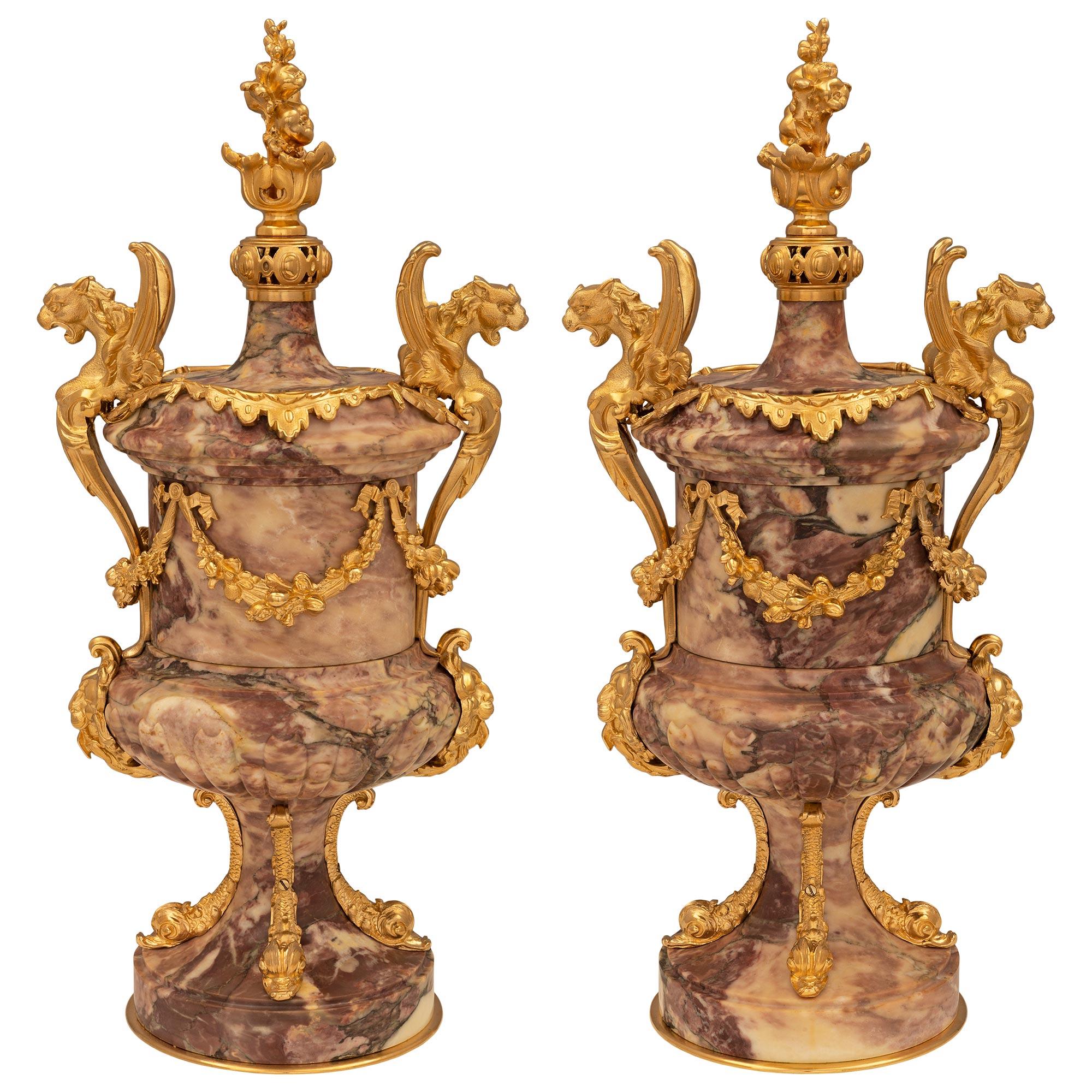 Pair Of French 19th Century Renaissance St. Ormolu And Marble Urns For Sale 7