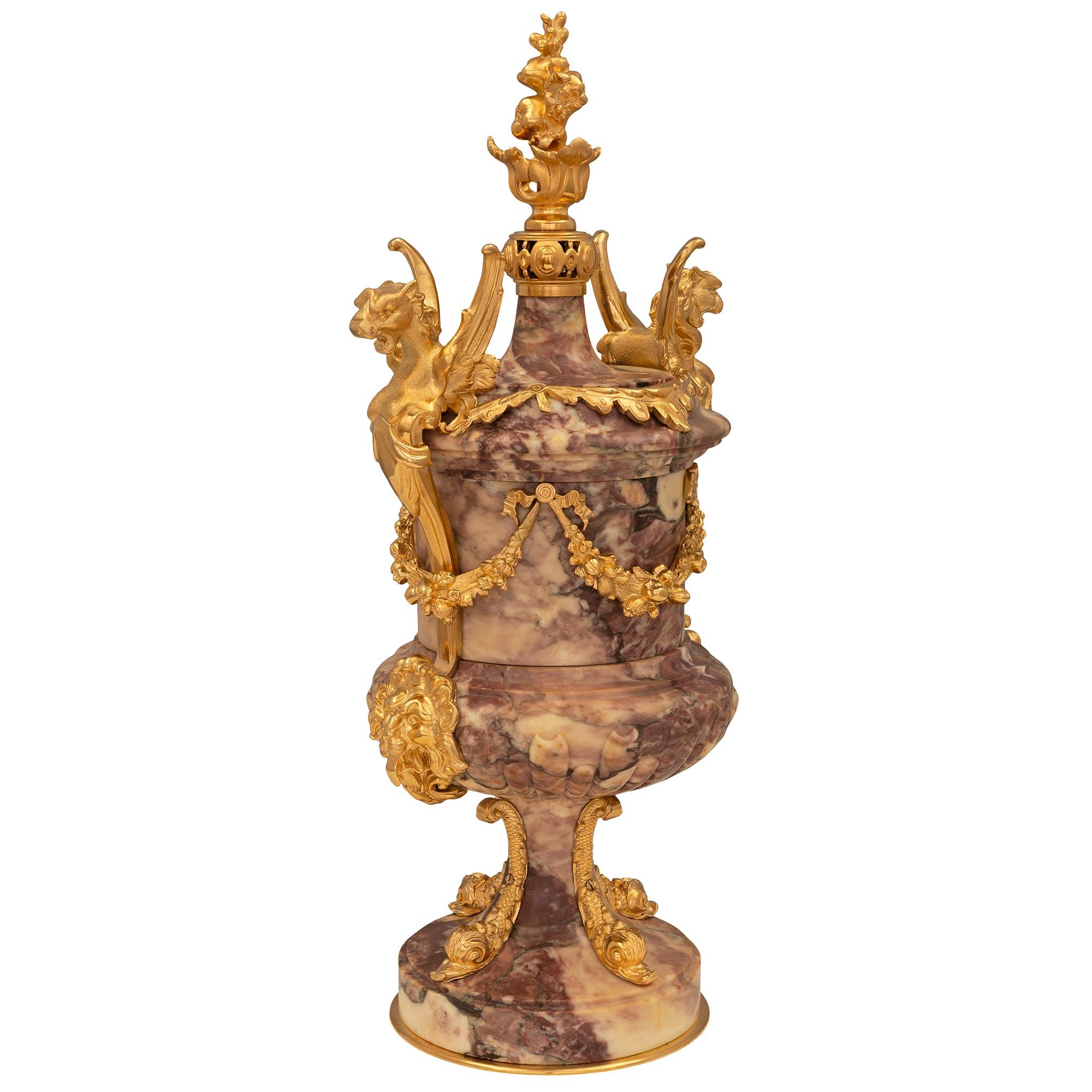 Pair Of French 19th Century Renaissance St. Ormolu And Marble Urns In Good Condition For Sale In West Palm Beach, FL