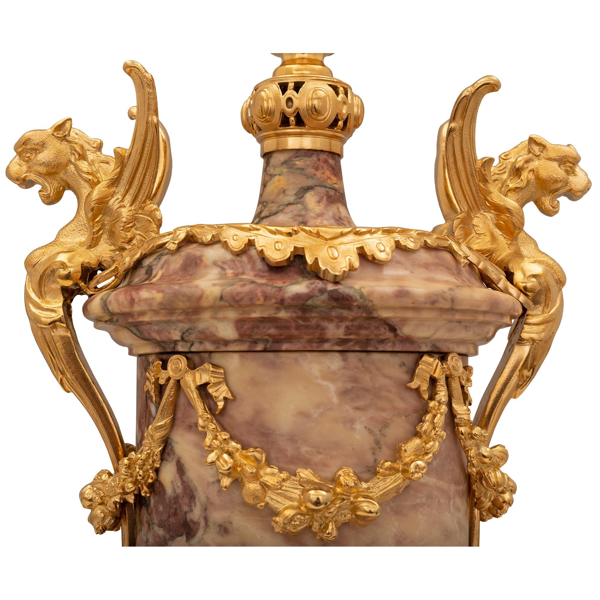 Pair Of French 19th Century Renaissance St. Ormolu And Marble Urns For Sale 3
