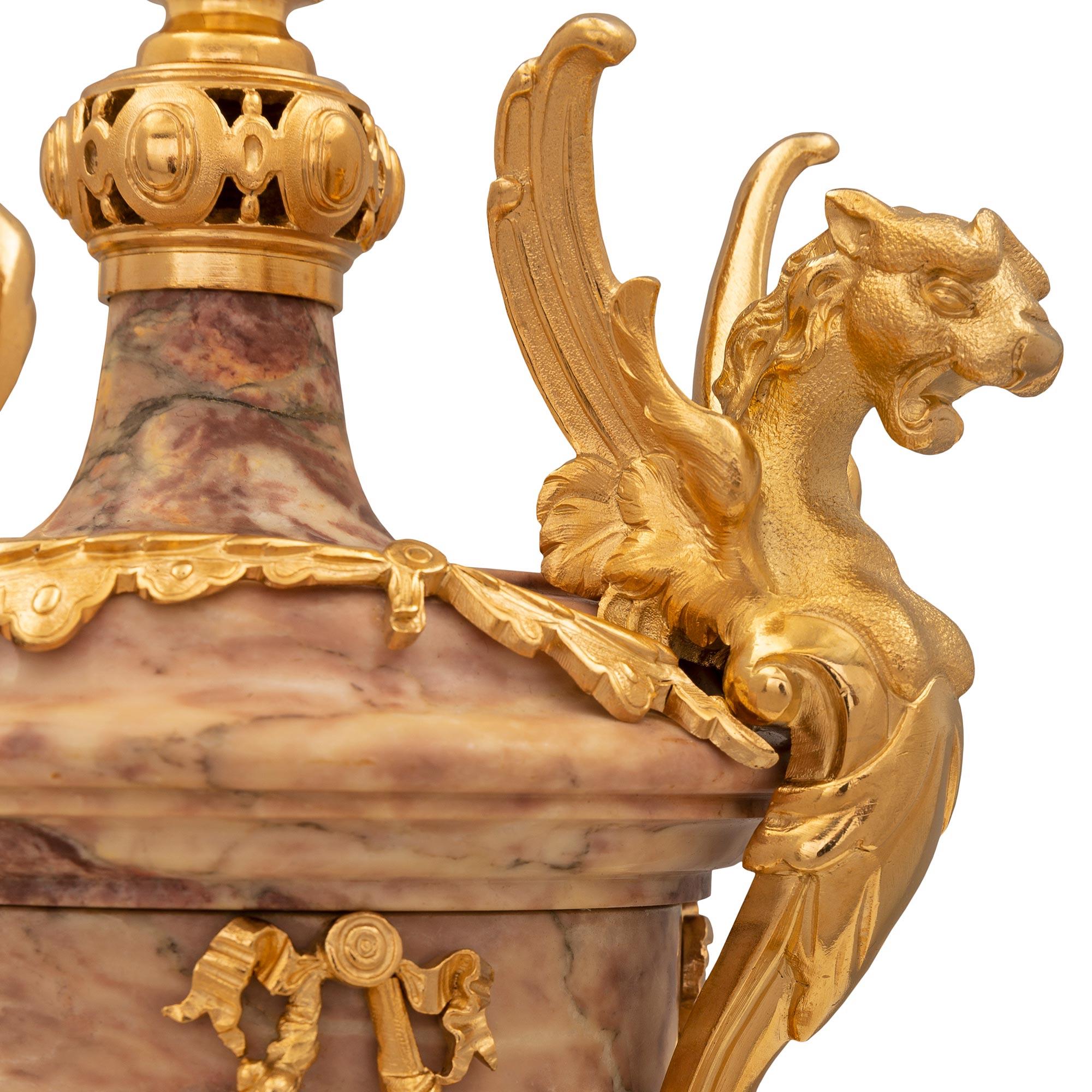 Pair Of French 19th Century Renaissance St. Ormolu And Marble Urns For Sale 4