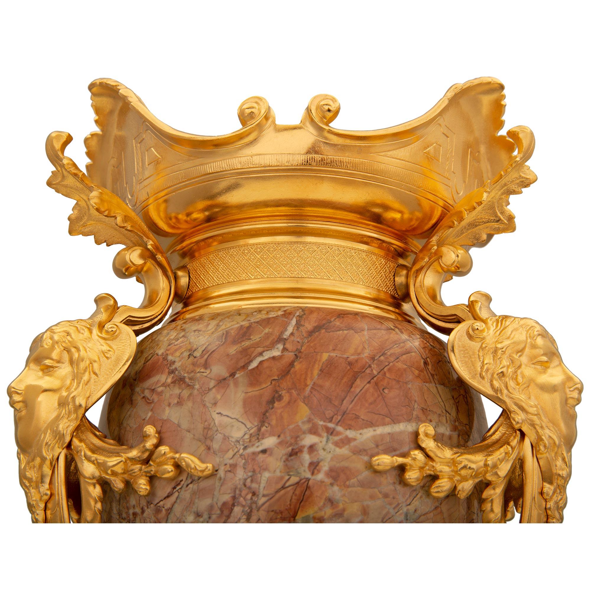 Pair of French 19th Century Renaissance St. Ormolu and Sarrancolin Marble Urns For Sale 1