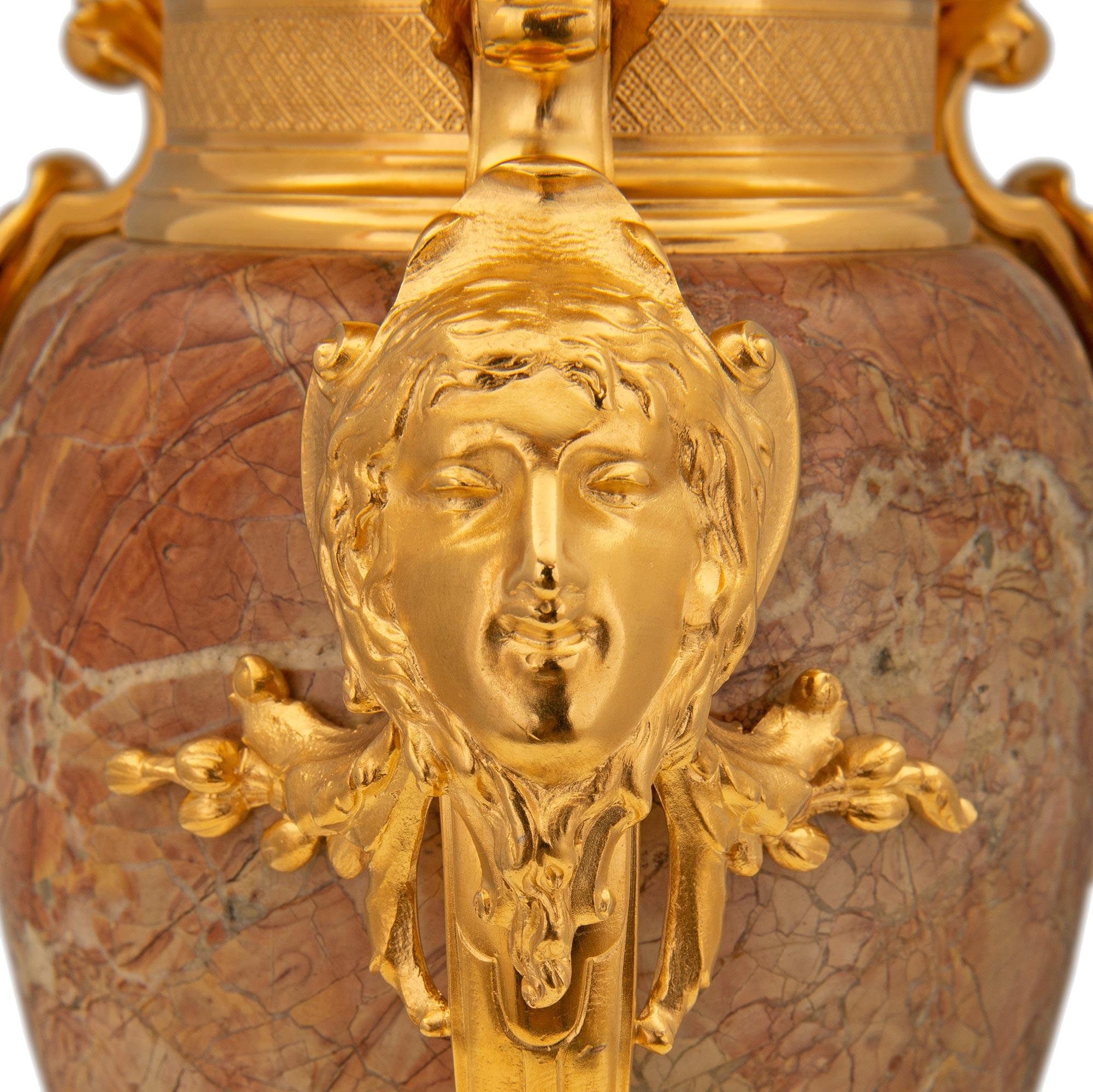 Pair of French 19th Century Renaissance St. Ormolu and Sarrancolin Marble Urns For Sale 2