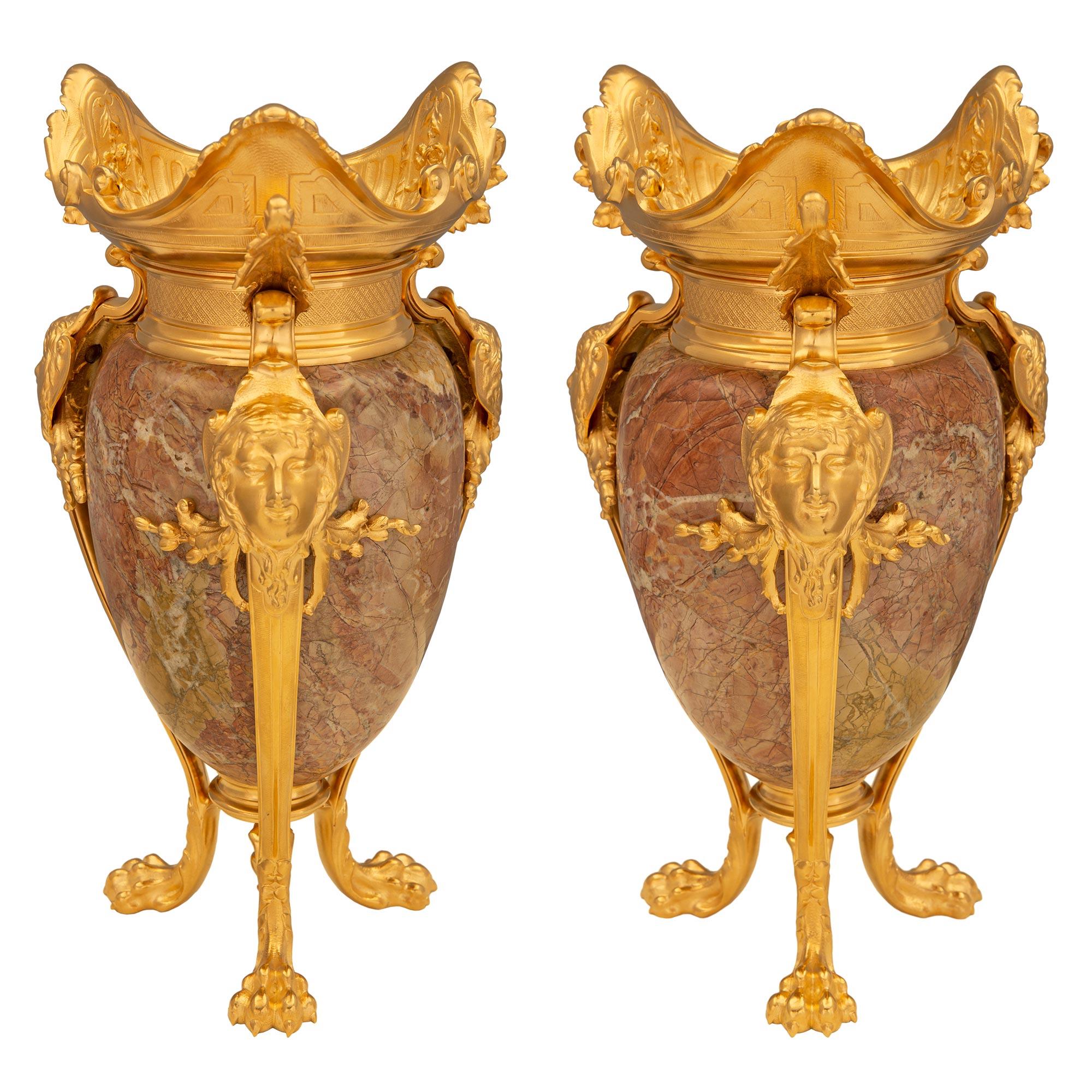 Pair of French 19th Century Renaissance St. Ormolu and Sarrancolin Marble Urns For Sale 6