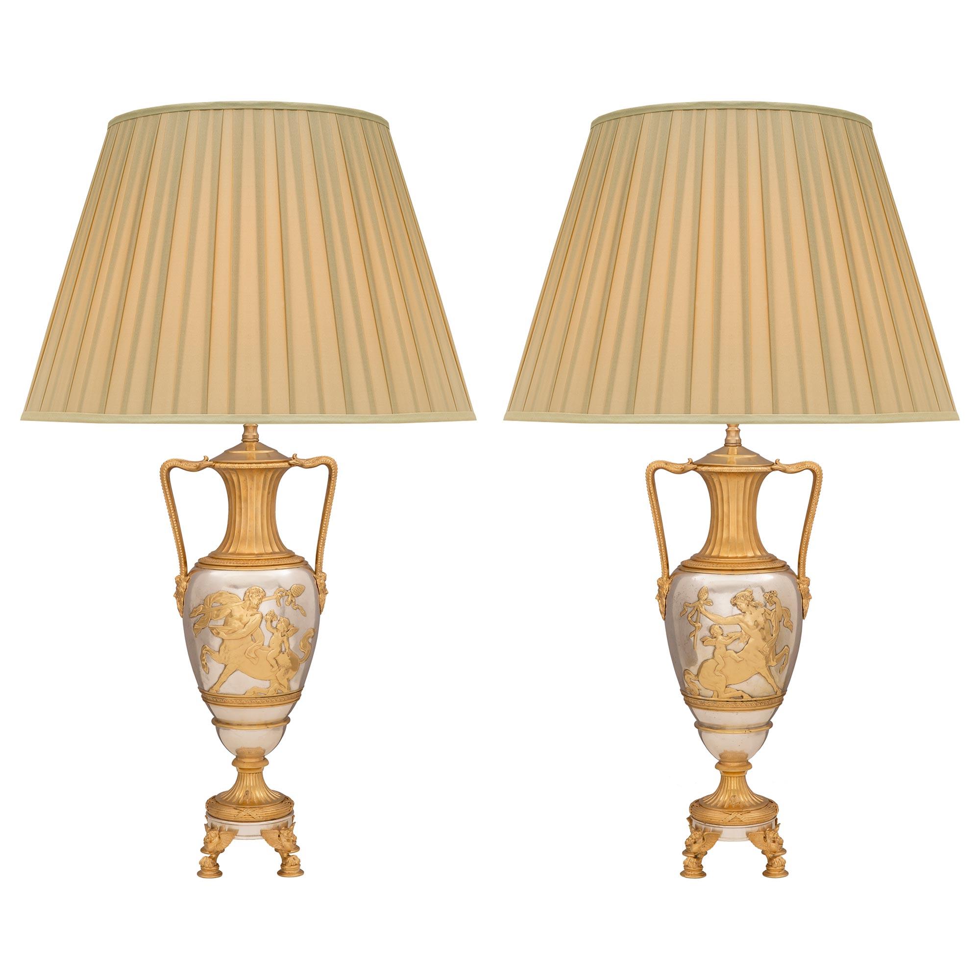 Pair of French 19th Century Renaissance St. Ormolu and Silvered Bronze Lamps For Sale