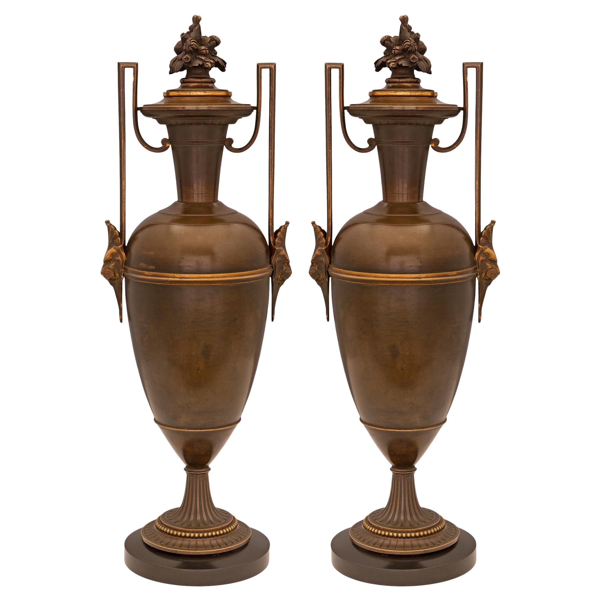 Pair of French 19th Century Renaissance St. Patinated Bronze and Ormolu Urns For Sale