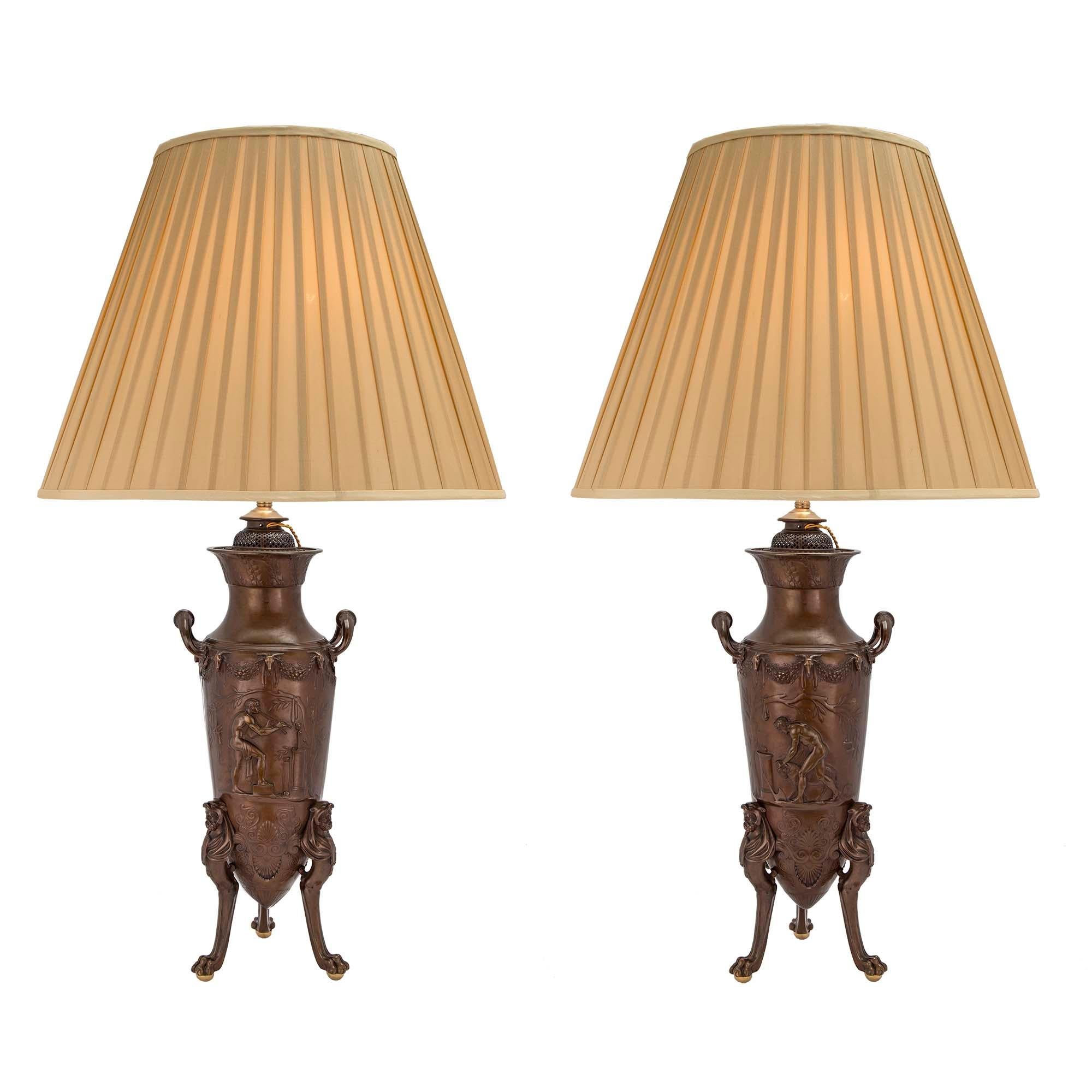 Pair of French 19th Century Renaissance St. Patinated Bronze Lamps For Sale