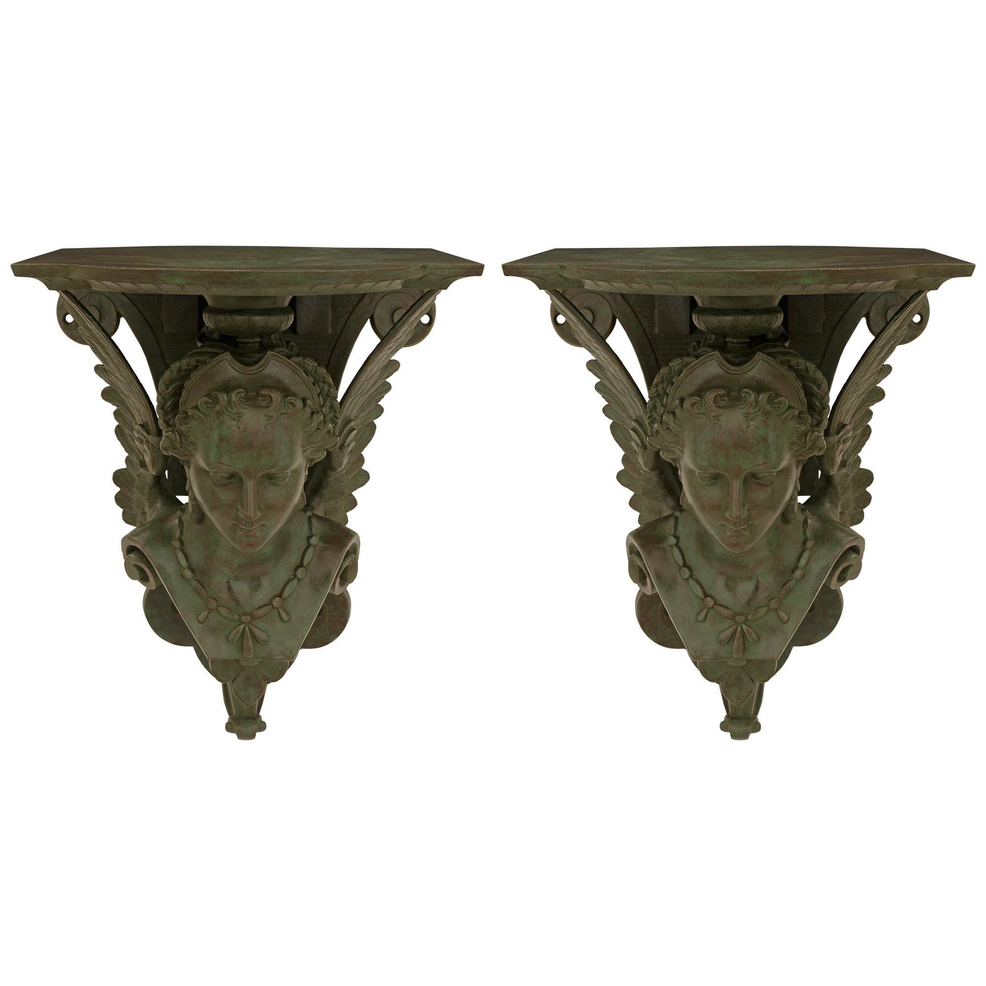 pair of French 19th century Renaissance st. Verdigris Bronze wall brackets