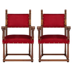 Pair of French 19th Century Renaissance St. Walnut and Giltwood Armchairs