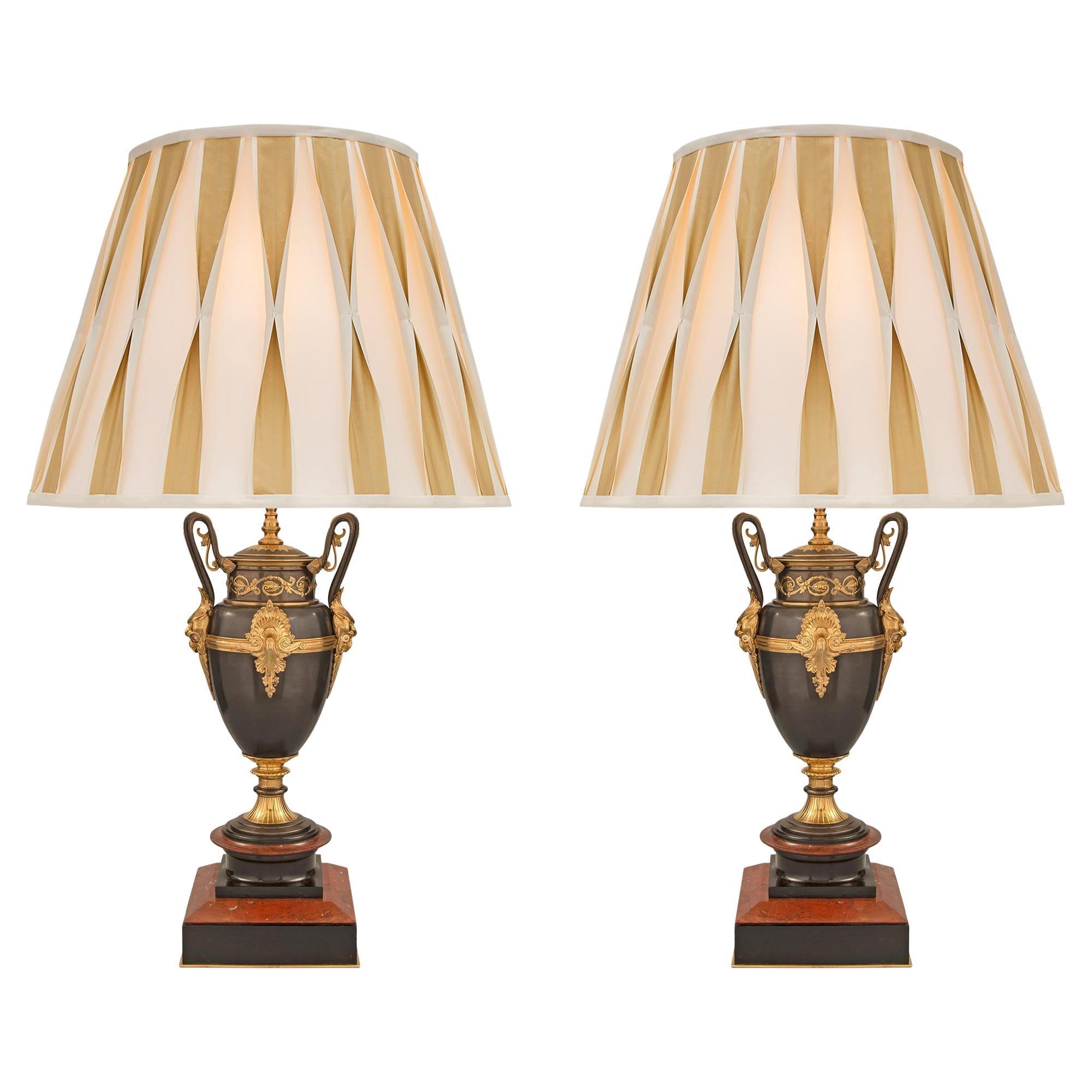 Pair of French 19th Century Renaissance Style Bronze, Ormolu and Marble Lamps For Sale