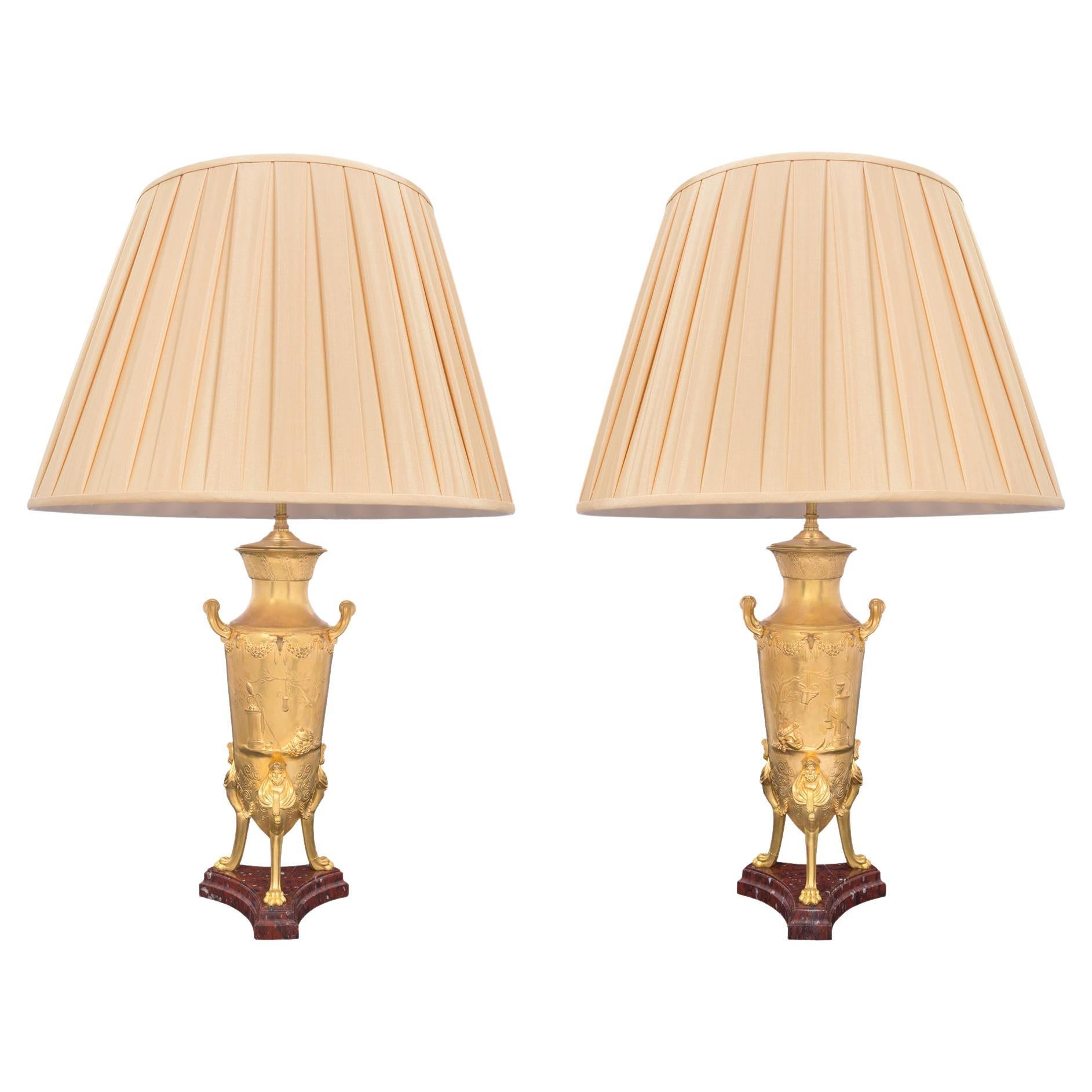 Pair of French 19th Century Renaissance Style Marble and Ormolu Lamps For Sale