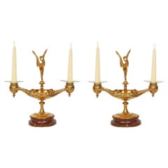 Pair of French 19th Century Renaissance Style Ormolu and Marble Candelabras