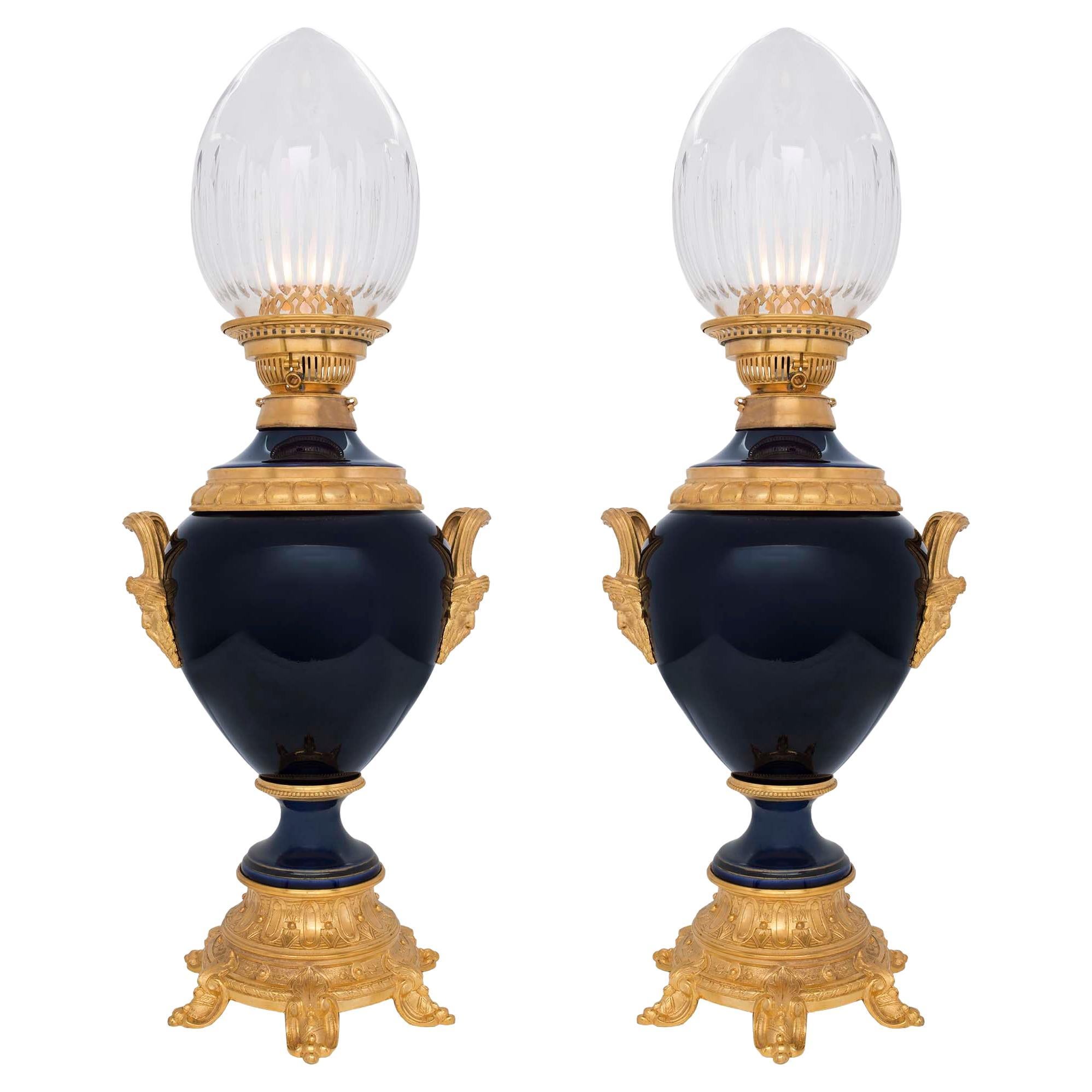 Pair of French 19th Century Renaissance Style Ormolu Porcelain and Crystal Lamps For Sale