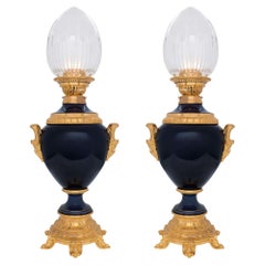 Antique Pair of French 19th Century Renaissance Style Ormolu Porcelain and Crystal Lamps