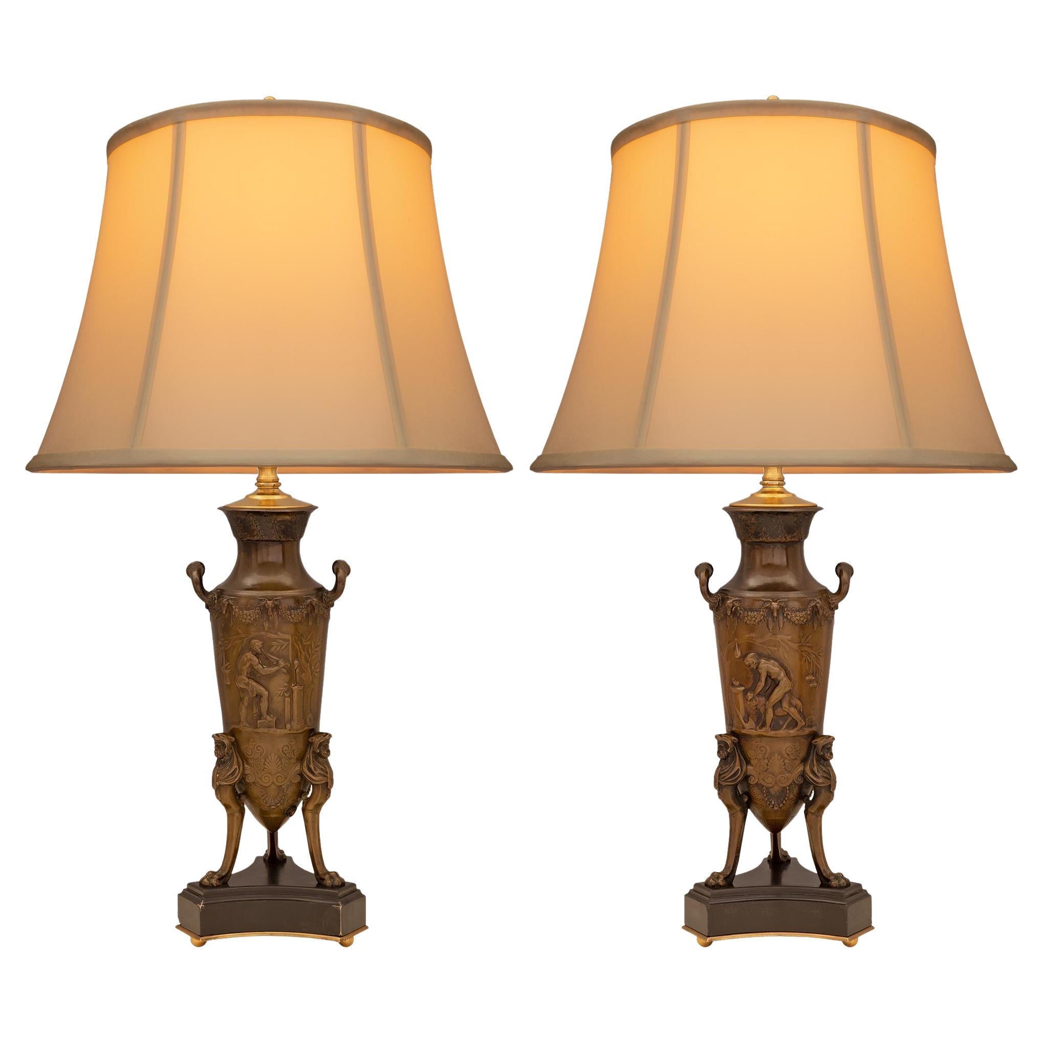 Pair of French 19th Century Renaissance Style Patinated Bronze and Marble Lamps