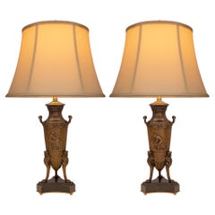 Pair of French 19th Century Renaissance Style Patinated Bronze and Marble Lamps